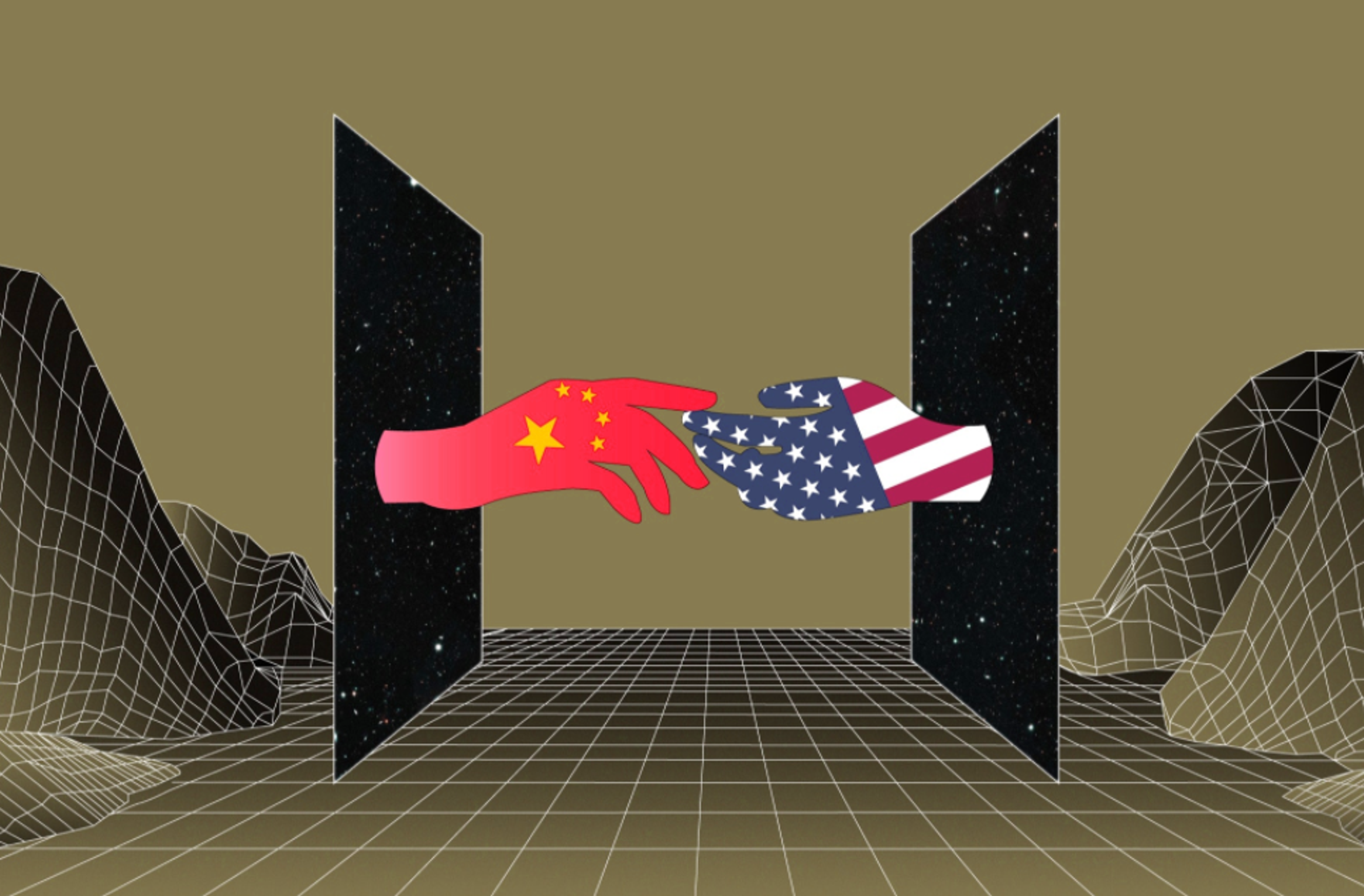 Illustration of two hands, one covered in the American flag and the other covered with the Chinese flag, touching fingers in a cyber inspired landscape.