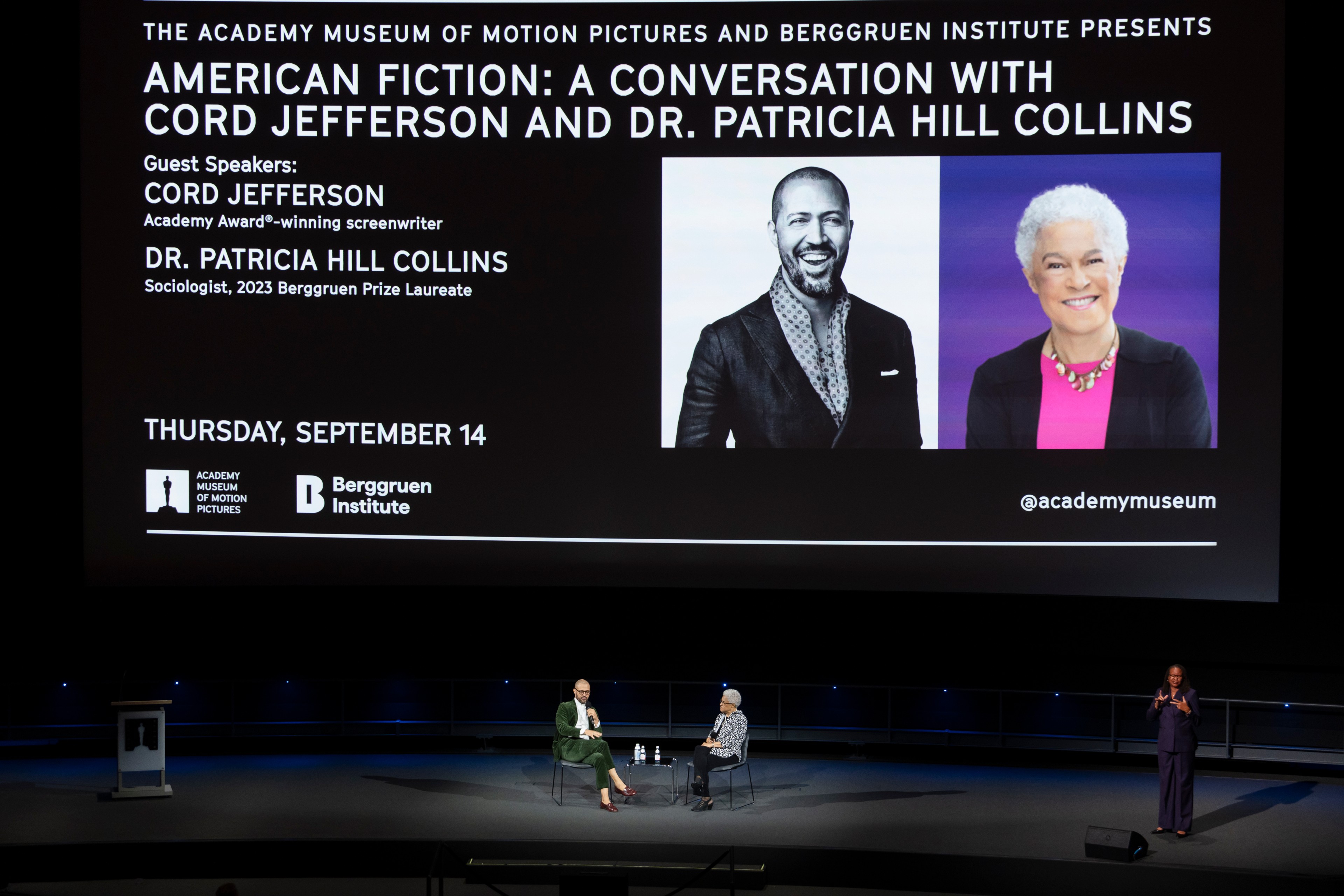 2023 Berggruen Prize Laureate Dr. Patricia Hill Collins in conversation with Academy Award®-winning screenwriter Cord Jefferson at the Academy Museum of Motion Pictures on September 14, 2024, in Los Angeles, CA.