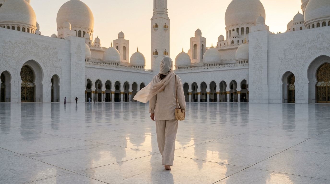 Frau in weiter Leinenkleidung und Kopftuch im weißen Marmorhof einer großen Moschee bei Sonnenuntergang