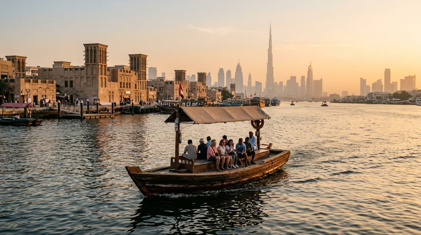 Eine Abra überquert bei Sonnenuntergang den Dubai Creek, am Ufer Windturmhäuser, am Horizont der Burj Khalifa