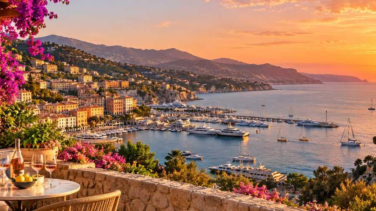 Yacht off the French Riviera coast at sunset