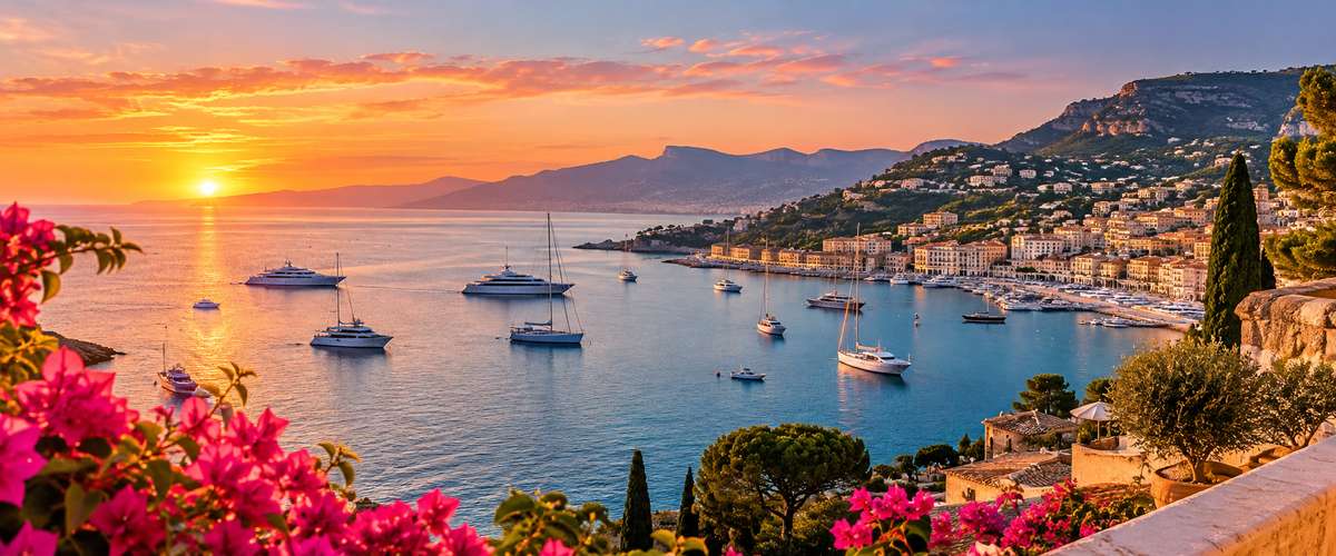 Yachts dans une baie de la Côte d’Azur au coucher du soleil