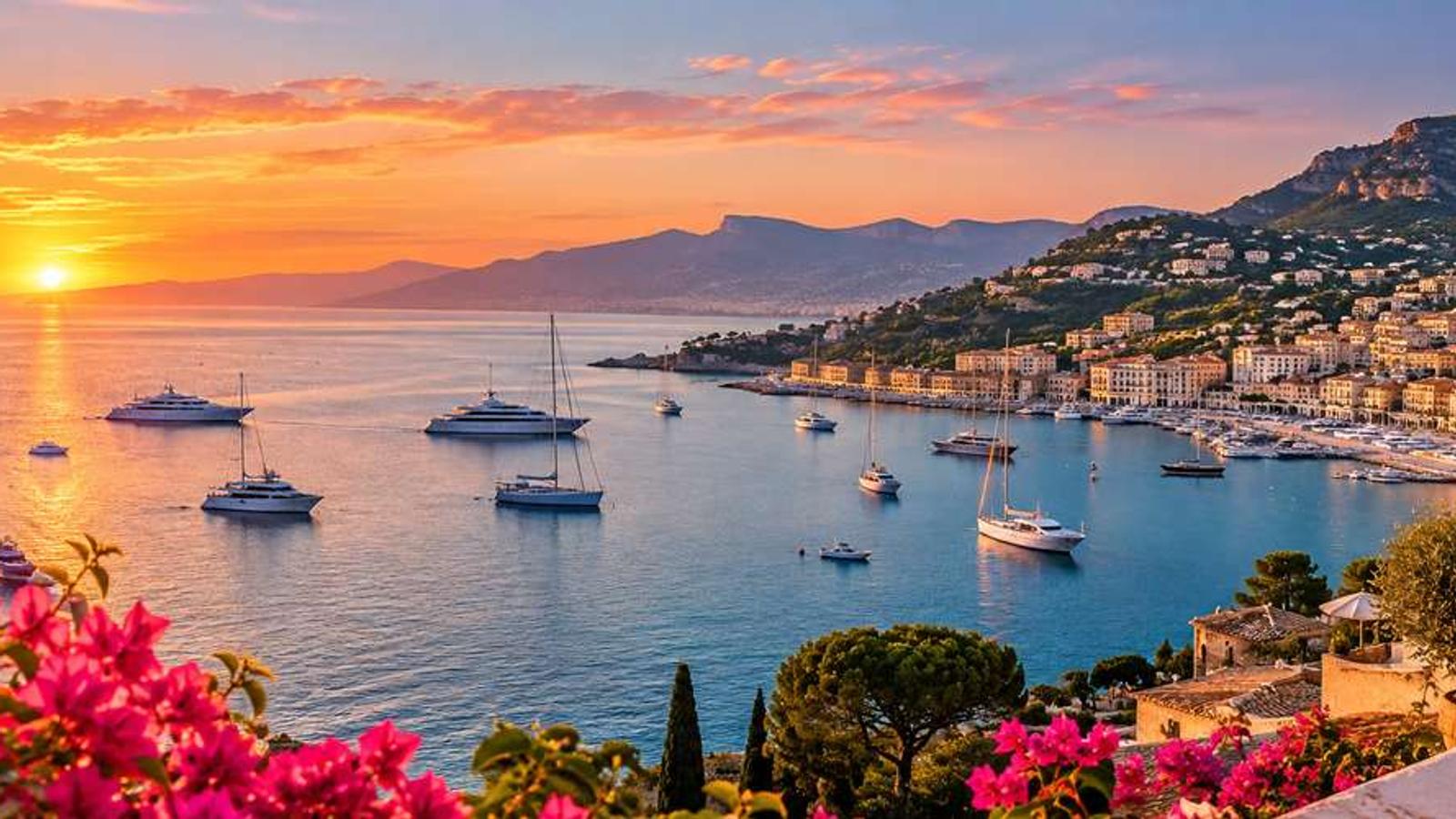 Yachts dans une baie de la Côte d’Azur au coucher du soleil