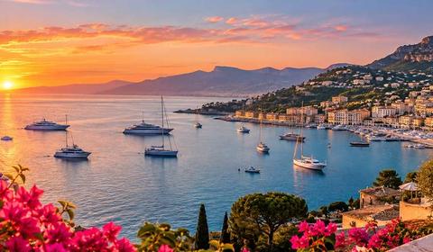 Yachts in a French Riviera bay at sunset