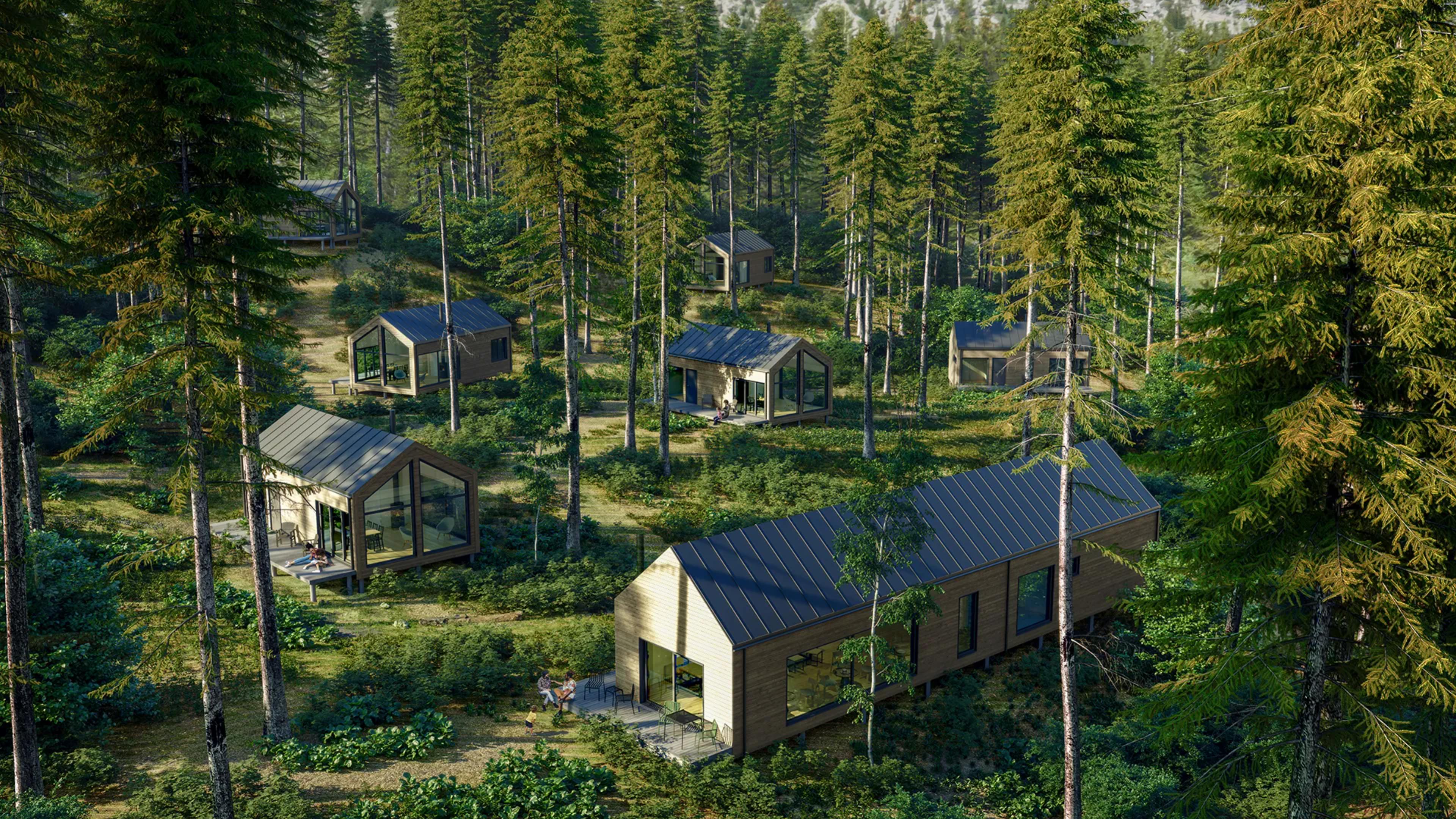Systemhus hytte Vaag i hyttetun i skogen med felleshuset Gildehall