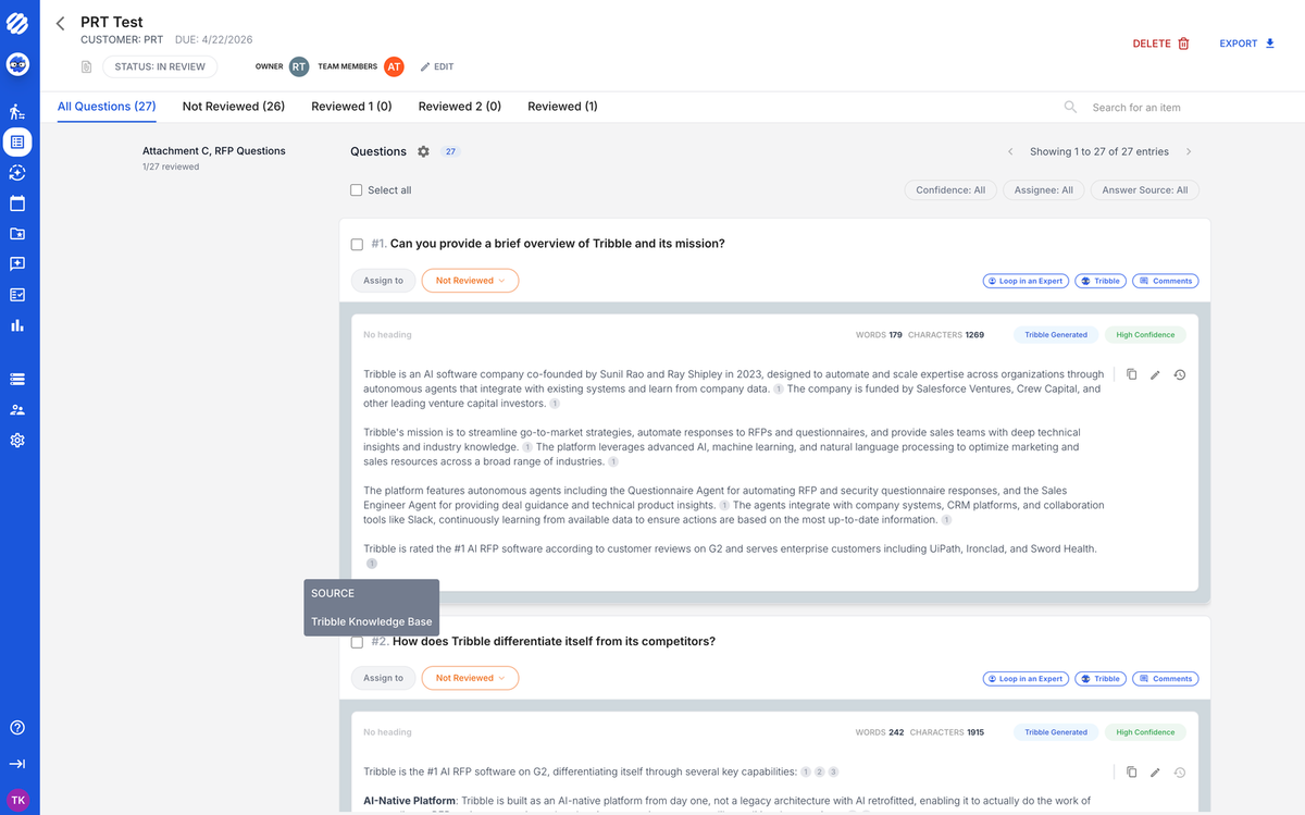Tribble review queue showing AI-drafted RFP answers with per-answer confidence scores and source attribution