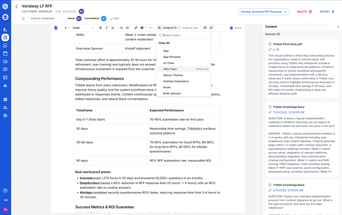 Tribble sources screen connecting knowledge systems including Box, Confluence, Salesforce, Slack, and SharePoint