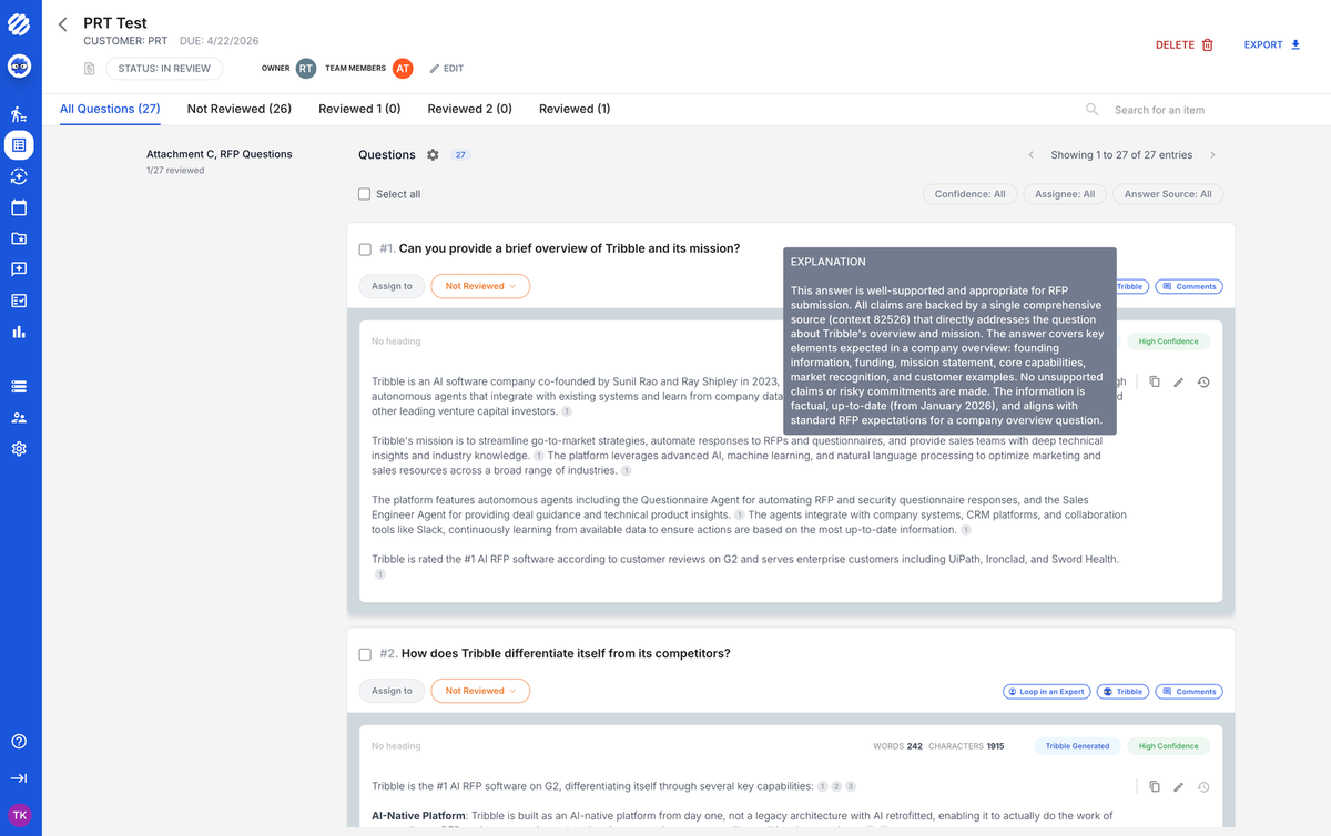 Tribble answer editor drafting an RFP response with an AI assist panel and source question list