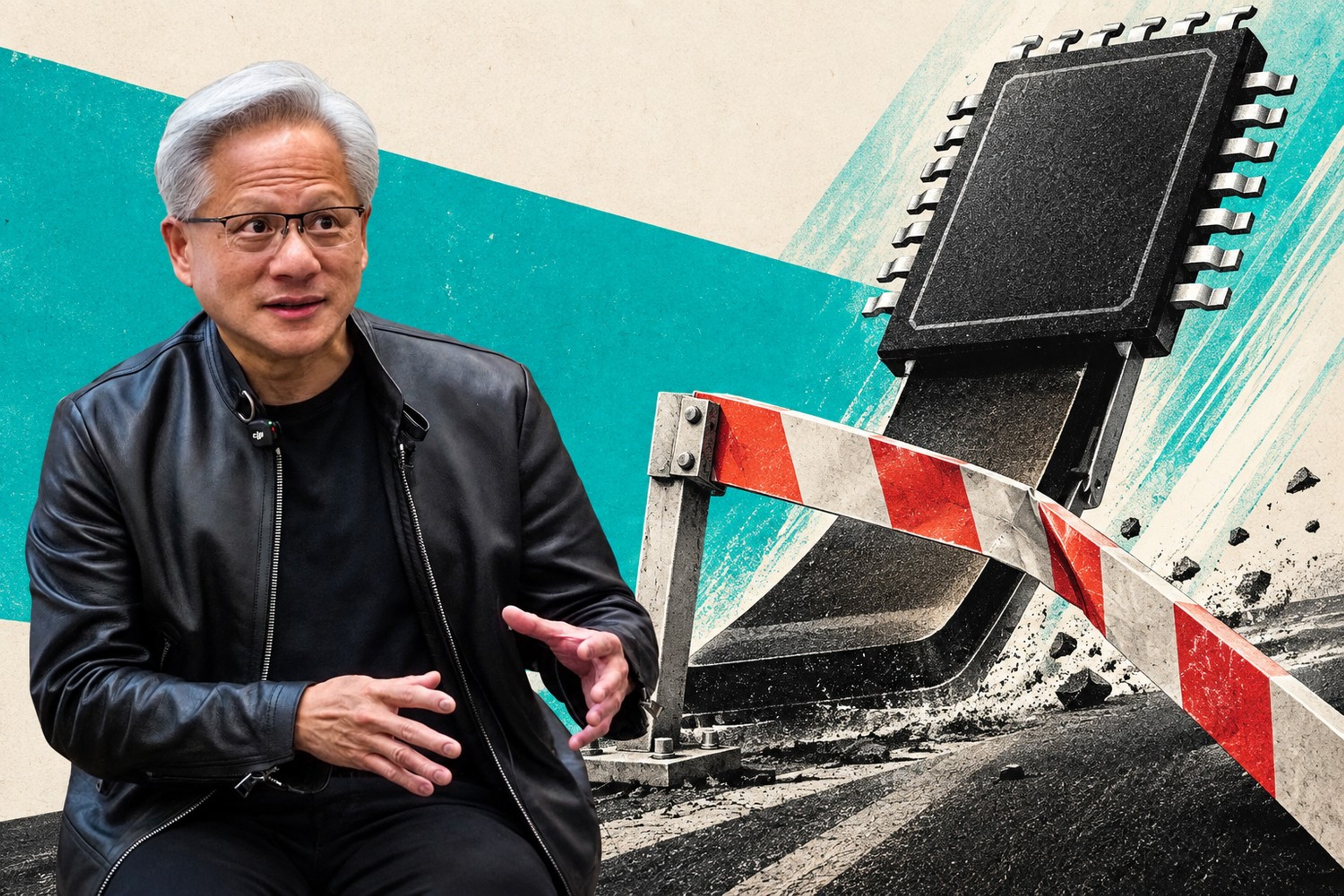 Collage: Nvidia-sjef Jensen Huang gestikulerer ved siden av en stor databrikke som bryter gjennom en rød og hvit sperrebom.