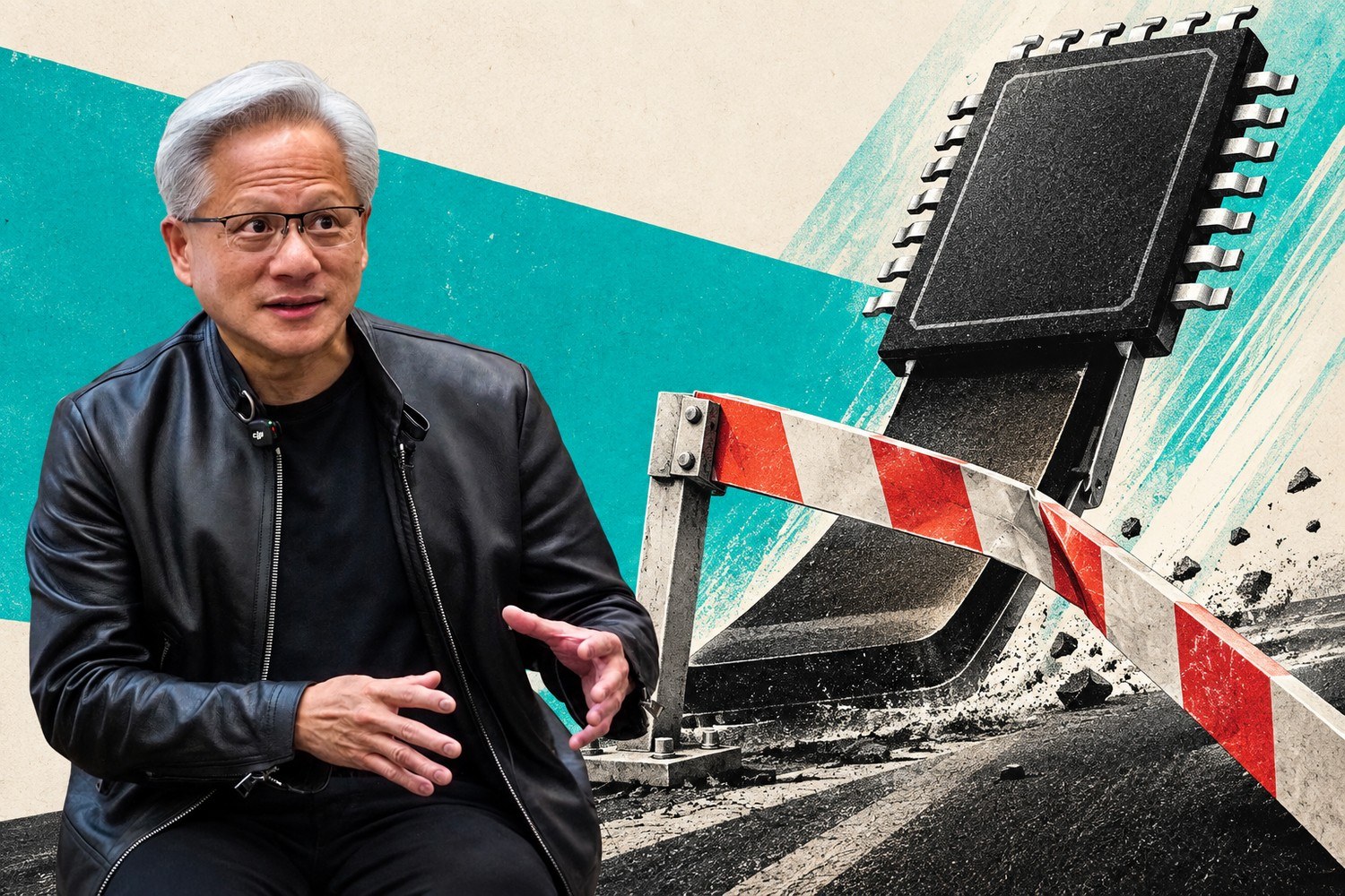 Collage: Nvidia-sjef Jensen Huang gestikulerer ved siden av en stor databrikke som bryter gjennom en rød og hvit sperrebom.