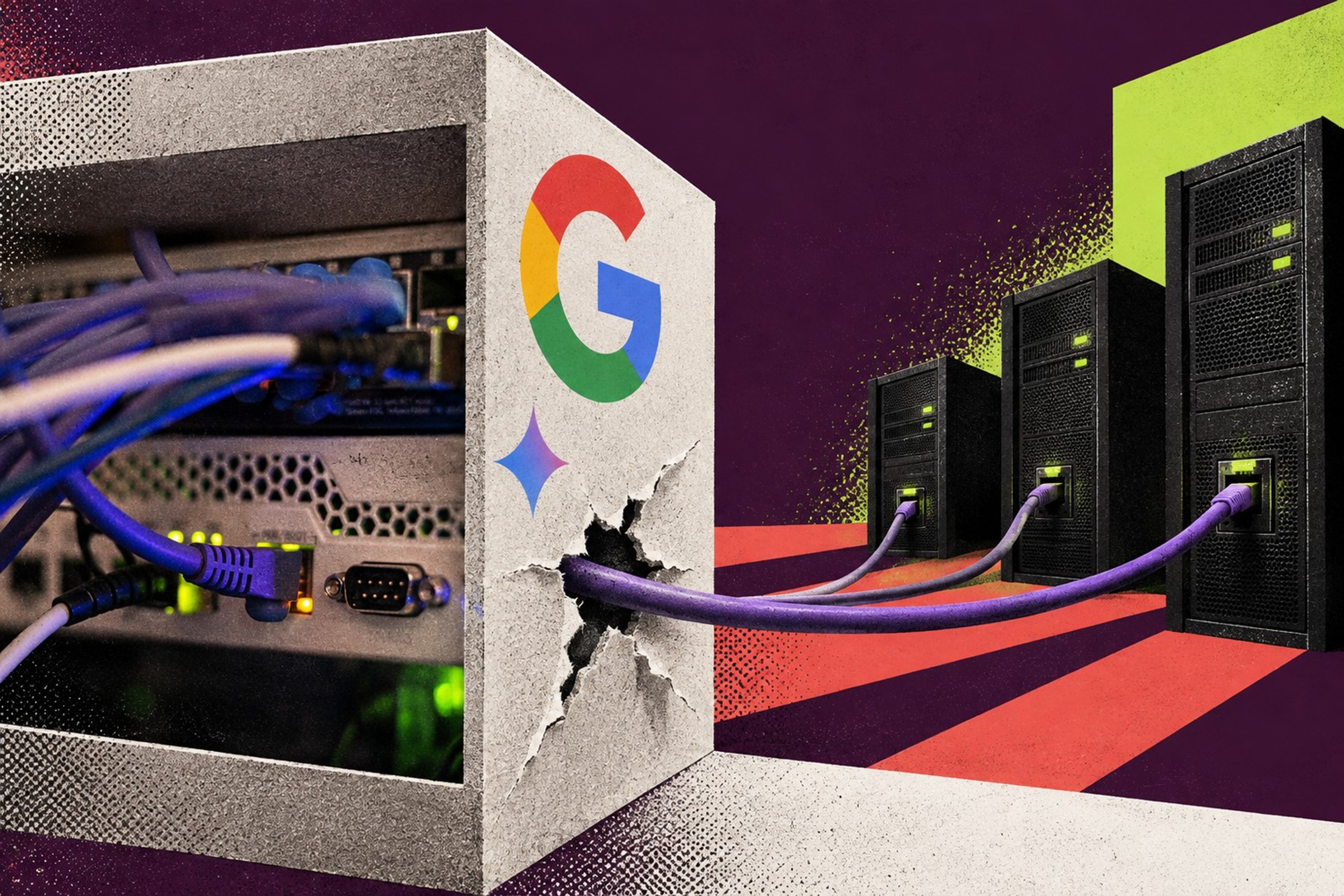 Collage: Googles G-logo og Gemini-symbolet står på en testboks der en nettverkskabel bryter gjennom veggen og kobler seg til tre eksterne servere.