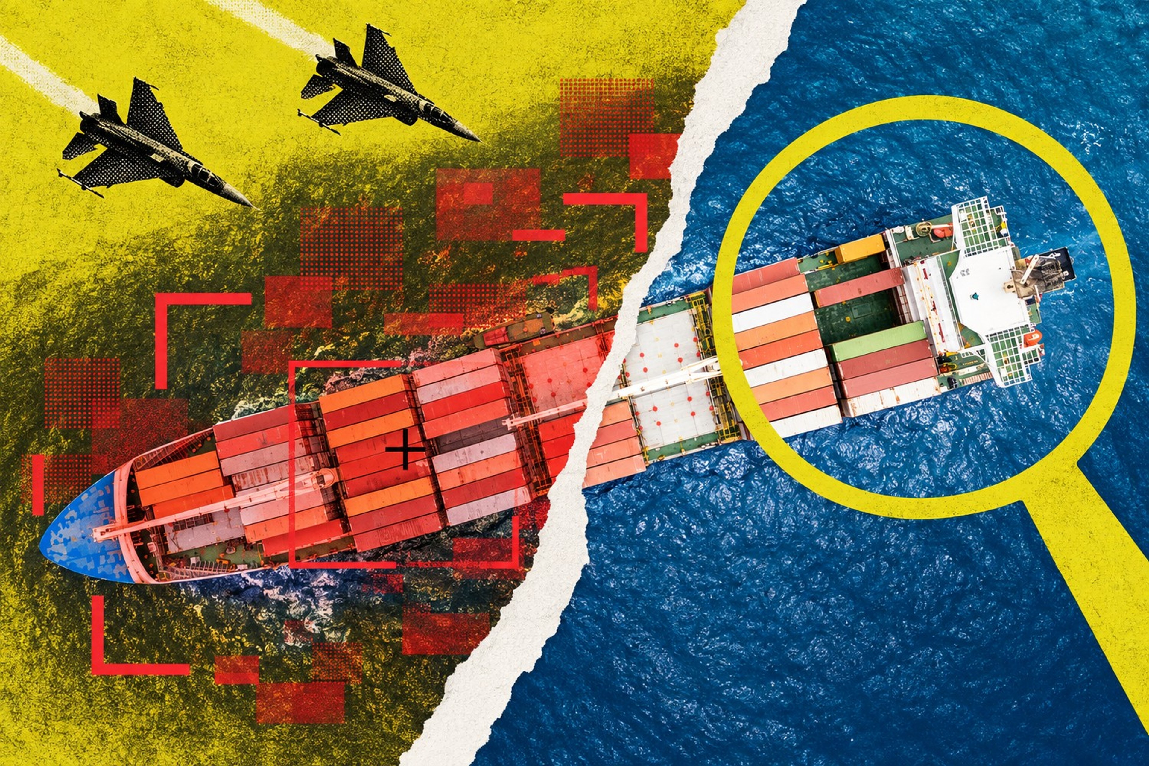 Collage: Et containerskip er markert med røde målrammer under to kampfly, mens en hvit papirriv og en gul lupe avdekker den uendrede lasten på den andre siden.