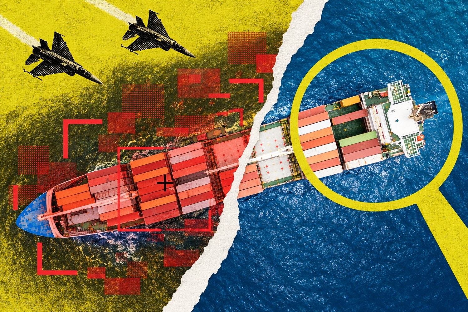 Collage: Et containerskip er markert med røde målrammer under to kampfly, mens en hvit papirriv og en gul lupe avdekker den uendrede lasten på den andre siden.