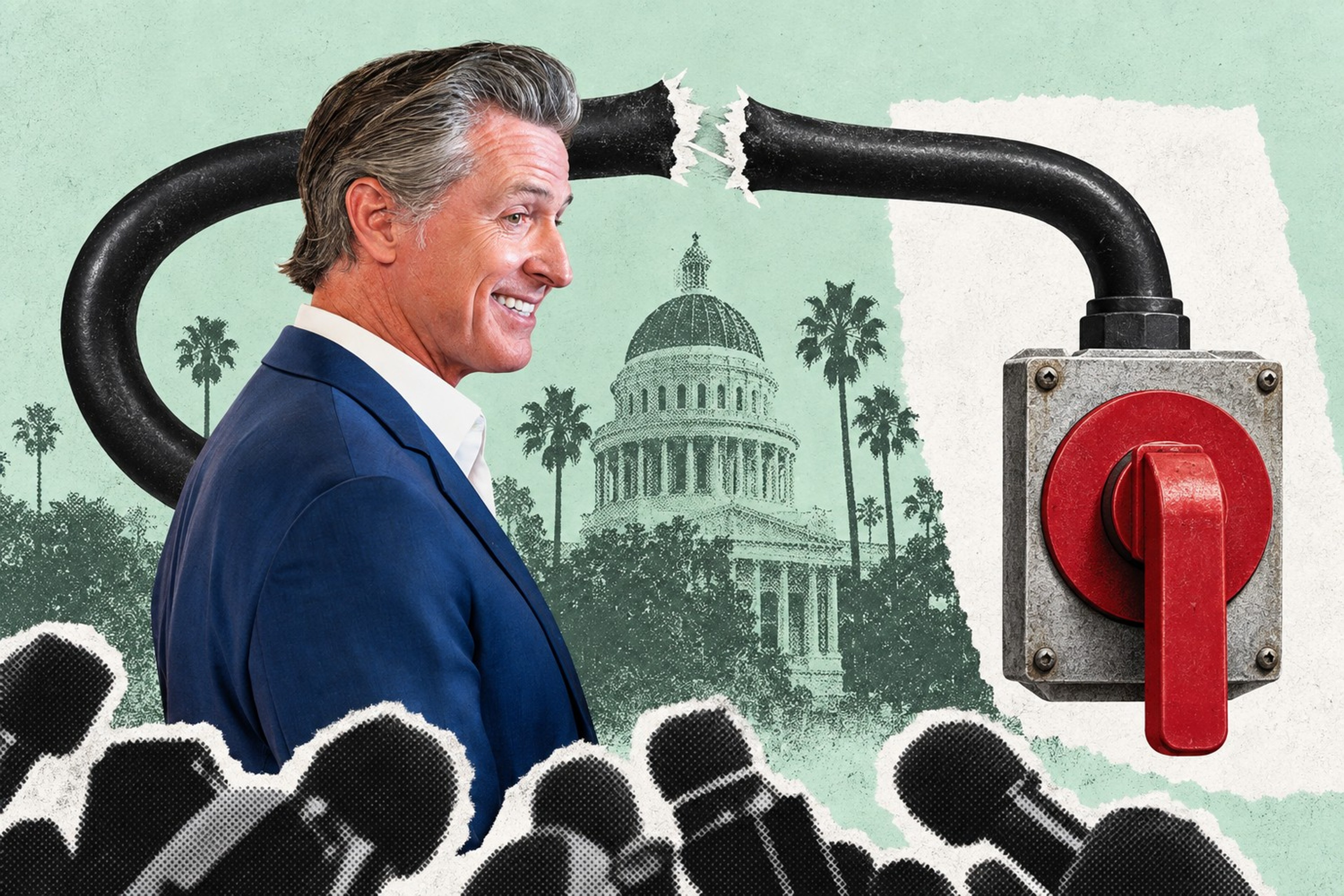 Collage: Gavin Newsom står mellom en revet kabel som vender tilbake mot seg selv og en stor rød nødavbryter, foran en rasterillustrasjon av Californias delstatsbygning.