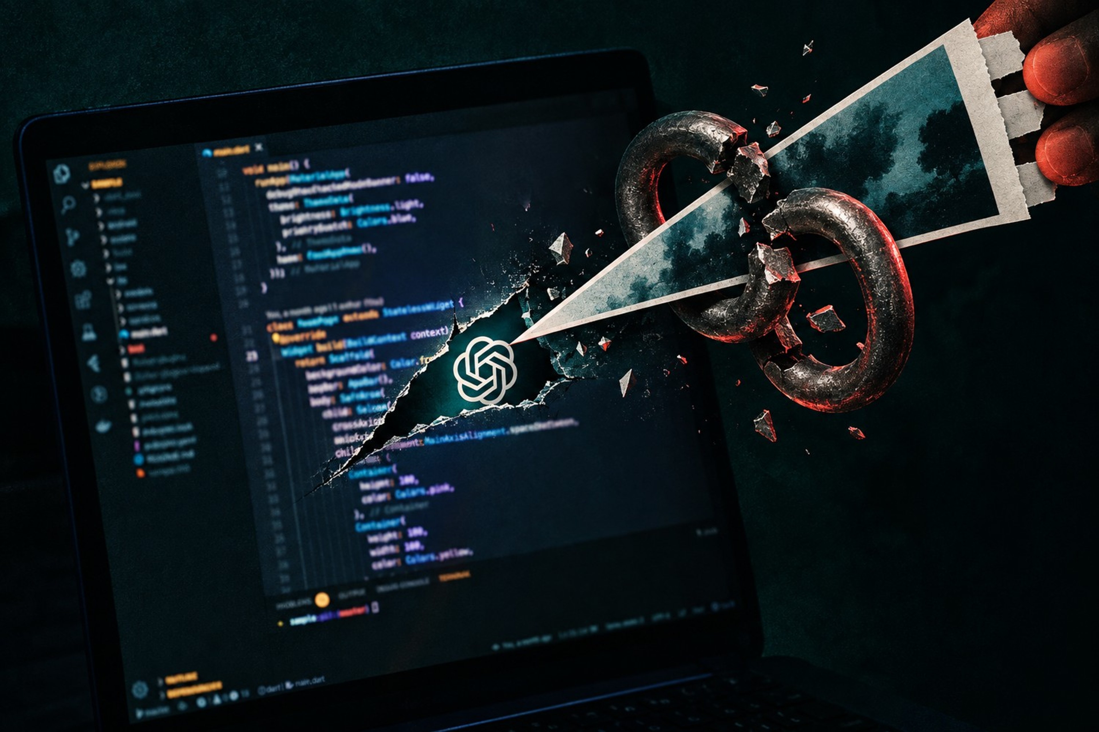 Collage: En kileformet papirfotografi bryter gjennom to lenkede metallringer og inn i en mørk kodeskjerm, der OpenAI-logoen kommer til syne.