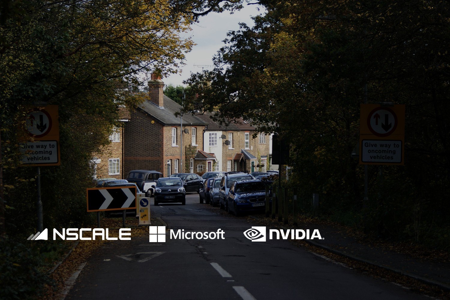 Biltrafikk og boliger langs Forest Road i Loughton i Essex. Med logoene til Nscale og Microsoft og Nvidia lagt på.