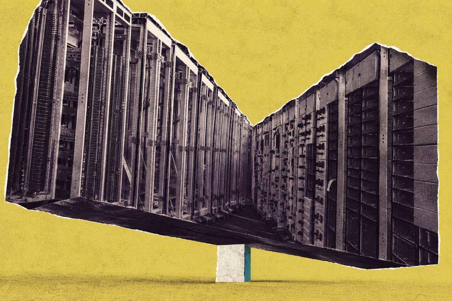 Collage: En enorm, mørk serverhall balanserer på en liten papirhvit sokkel mot en svovelgul bakgrunn.