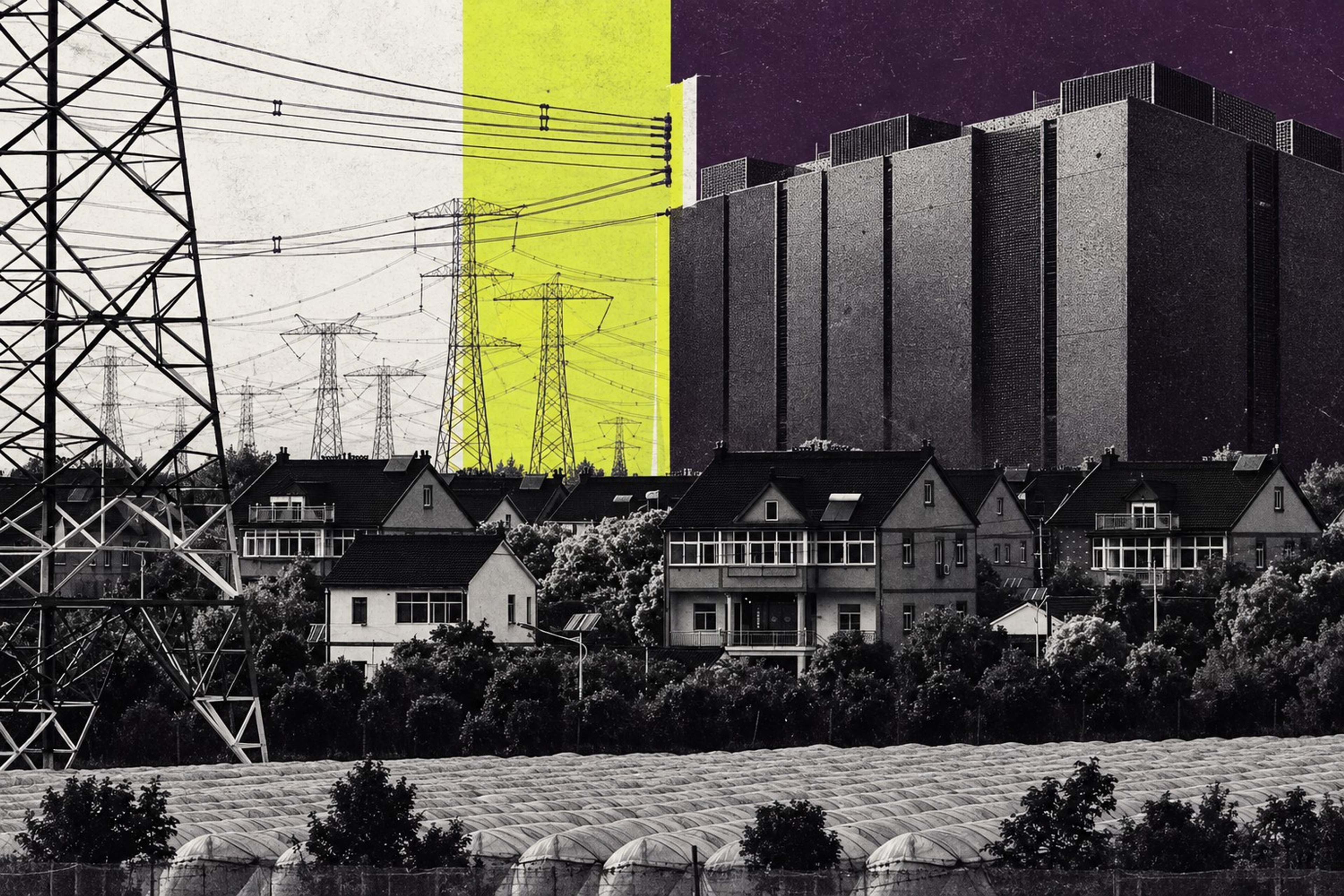 Collage: En rekke bolighus danner en barriere mellom et tett nett av kraftlinjer og et enormt, anonymt datasenter i aubergine, syregult og svart-hvitt.
