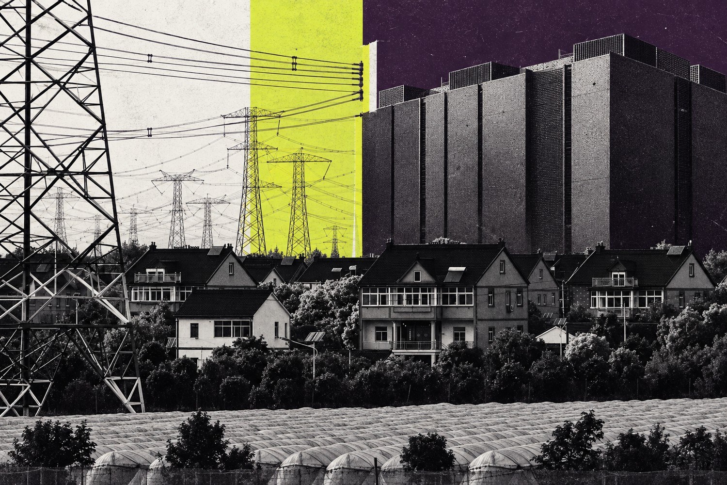 Collage: En rekke bolighus danner en barriere mellom et tett nett av kraftlinjer og et enormt, anonymt datasenter i aubergine, syregult og svart-hvitt.