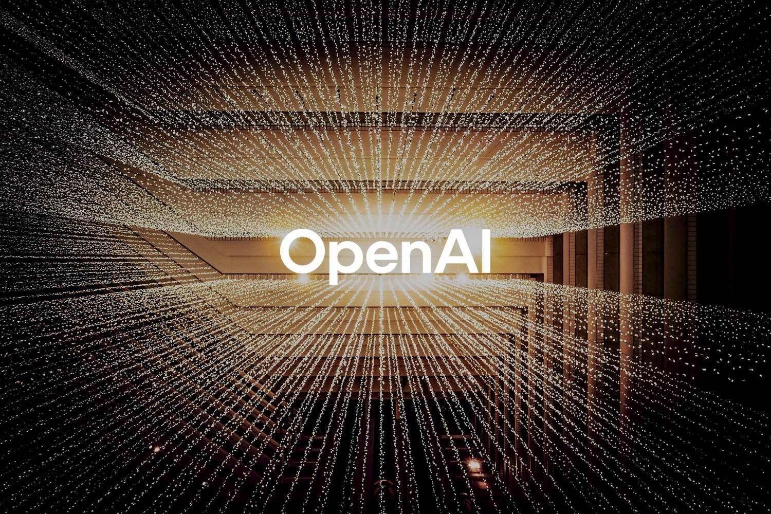 Lysende punkter og linjer i en rominstallasjon danner et mønster som kan minne om store datastrømmer. Med logoen til OpenAI lagt på.