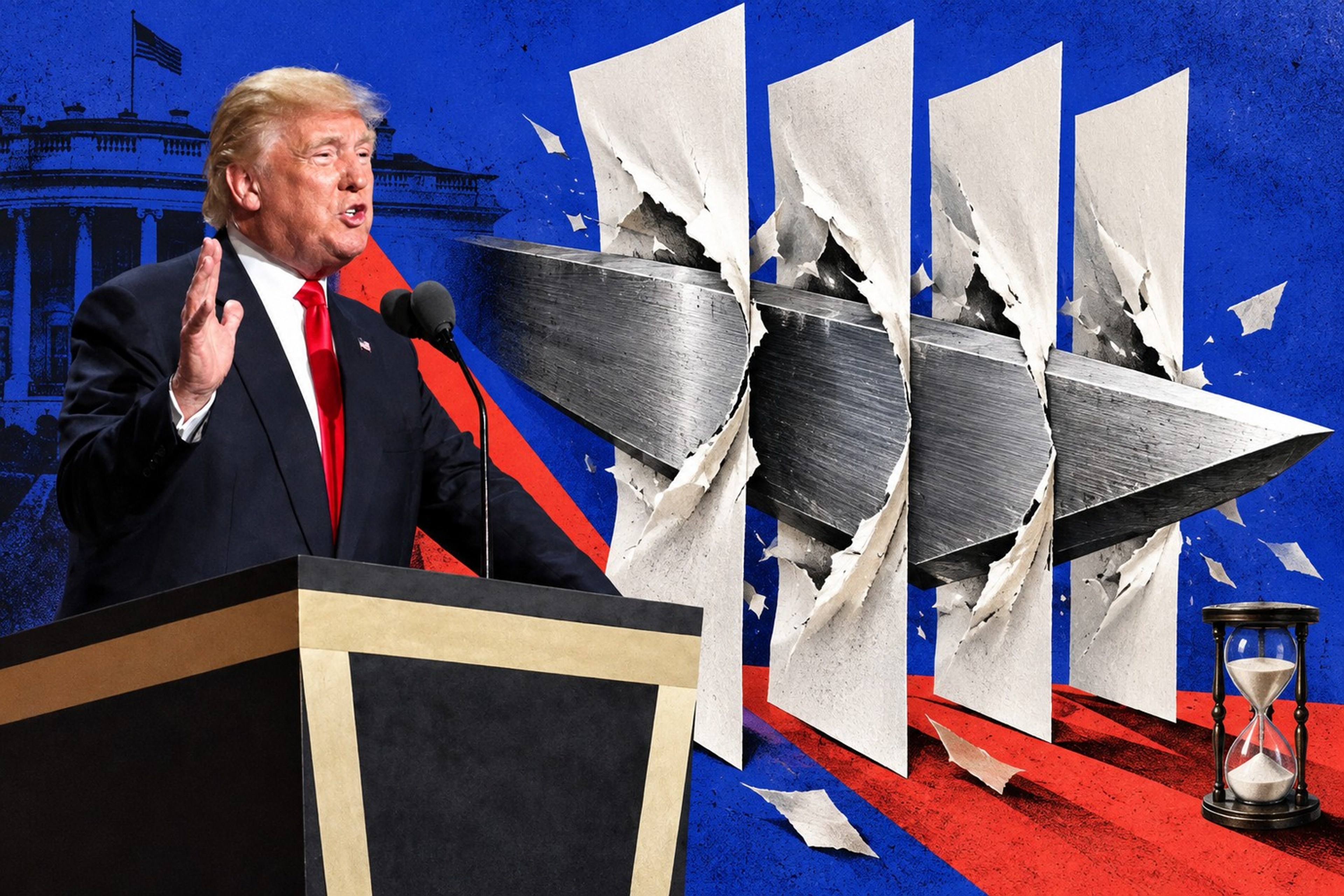 Collage: Donald Trump står ved en talerstol mens en massiv stålkile bryter gjennom fire papirtynne kontrollag, med et timeglass som viser den korte fristen.