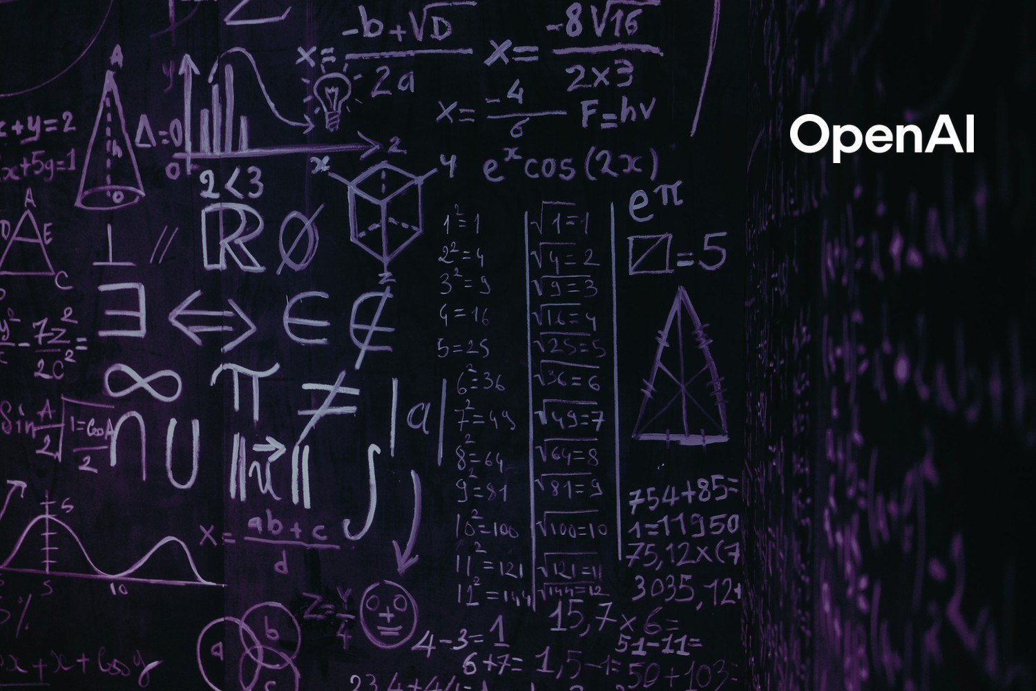 Komplekse matematiske formler og symboler skrevet med lilla og hvitt på en mørk tavle. Med logoen til OpenAI lagt på.