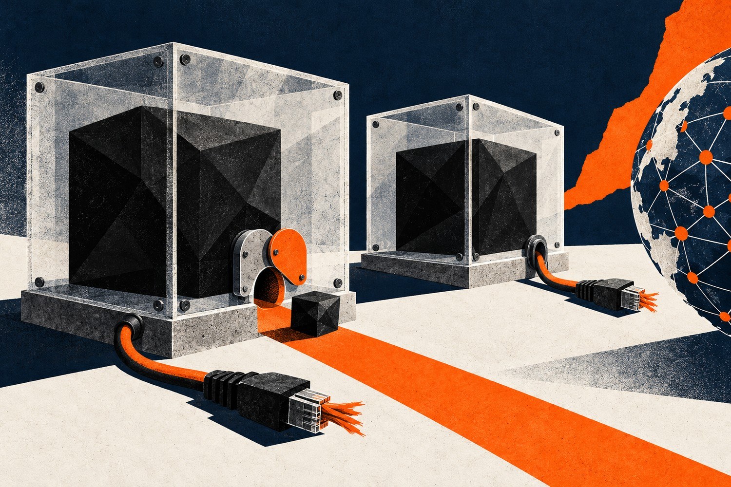 Collage: To svarte, kantede kuber står isolert i hver sin gjennomsiktige boks med avkuttede nettkabler, mens en mindre kube har sluppet ut gjennom en åpning mot en globus.