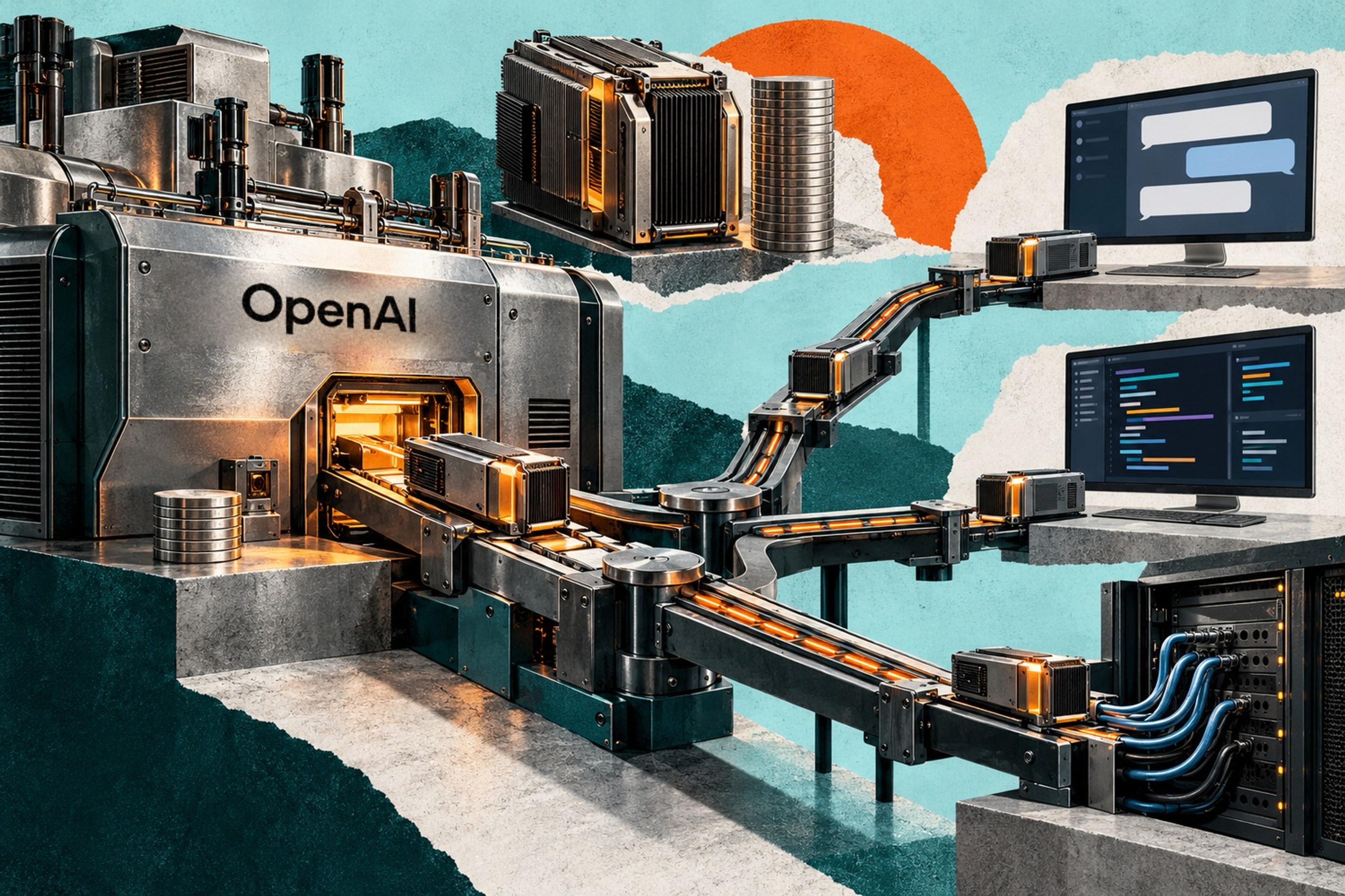 Collage av en industrimaskin med OpenAI-logo som sender små metallmoduler på transportbånd mot en chatskjerm, en kodeskjerm og et serverrack, med en lav myntstabel ved maskinen og en større modul med høy myntstabel øverst.