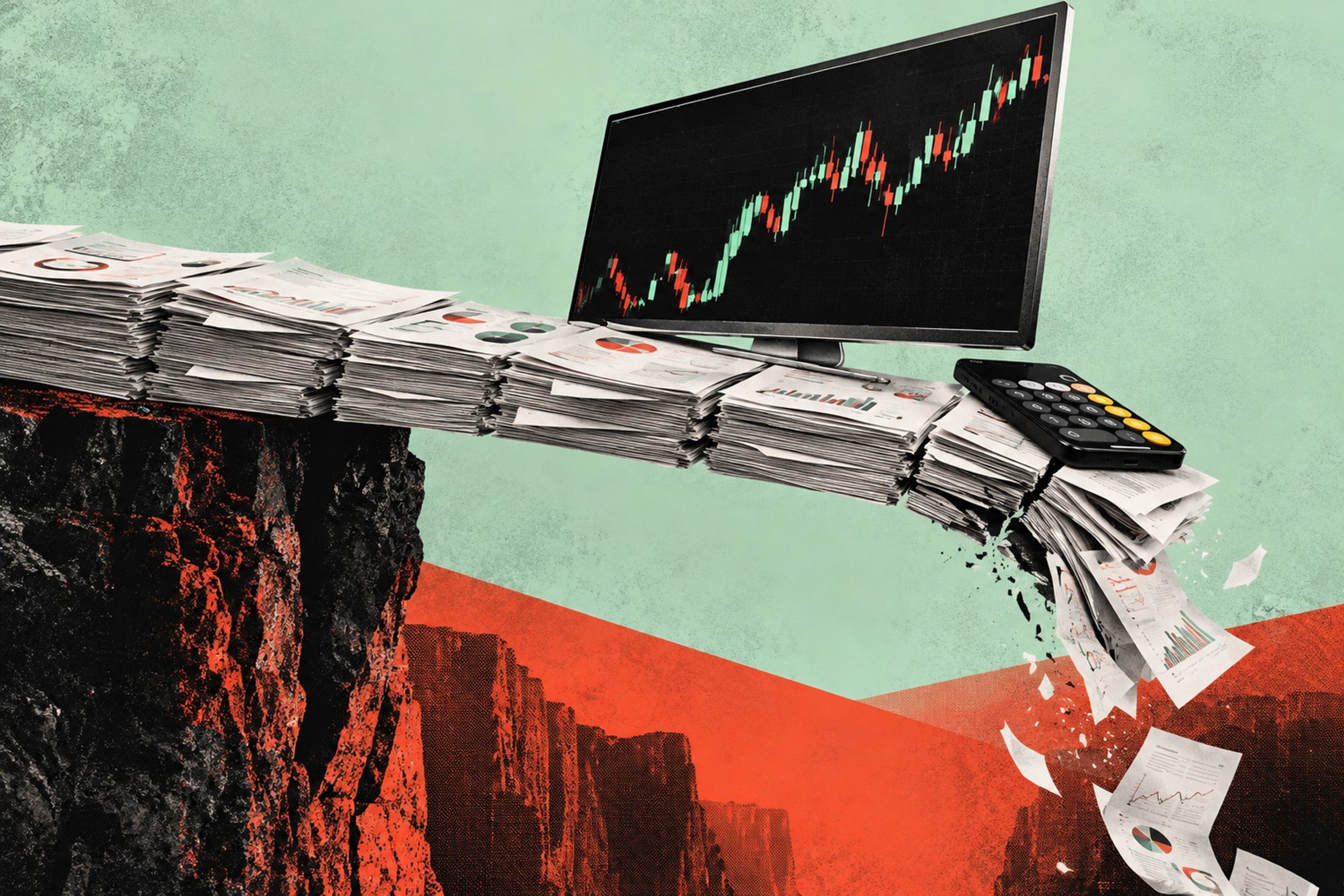 Collage: En markedsskjerm og en kalkulator hviler på en lang bjelke av finansdokumenter som knekker over et dypt fall.