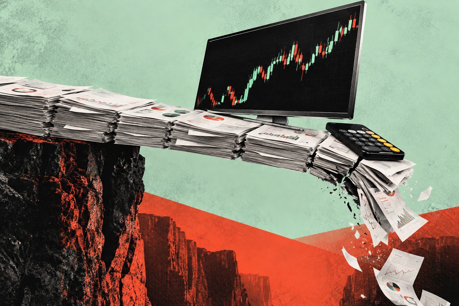 Collage: En markedsskjerm og en kalkulator hviler på en lang bjelke av finansdokumenter som knekker over et dypt fall.