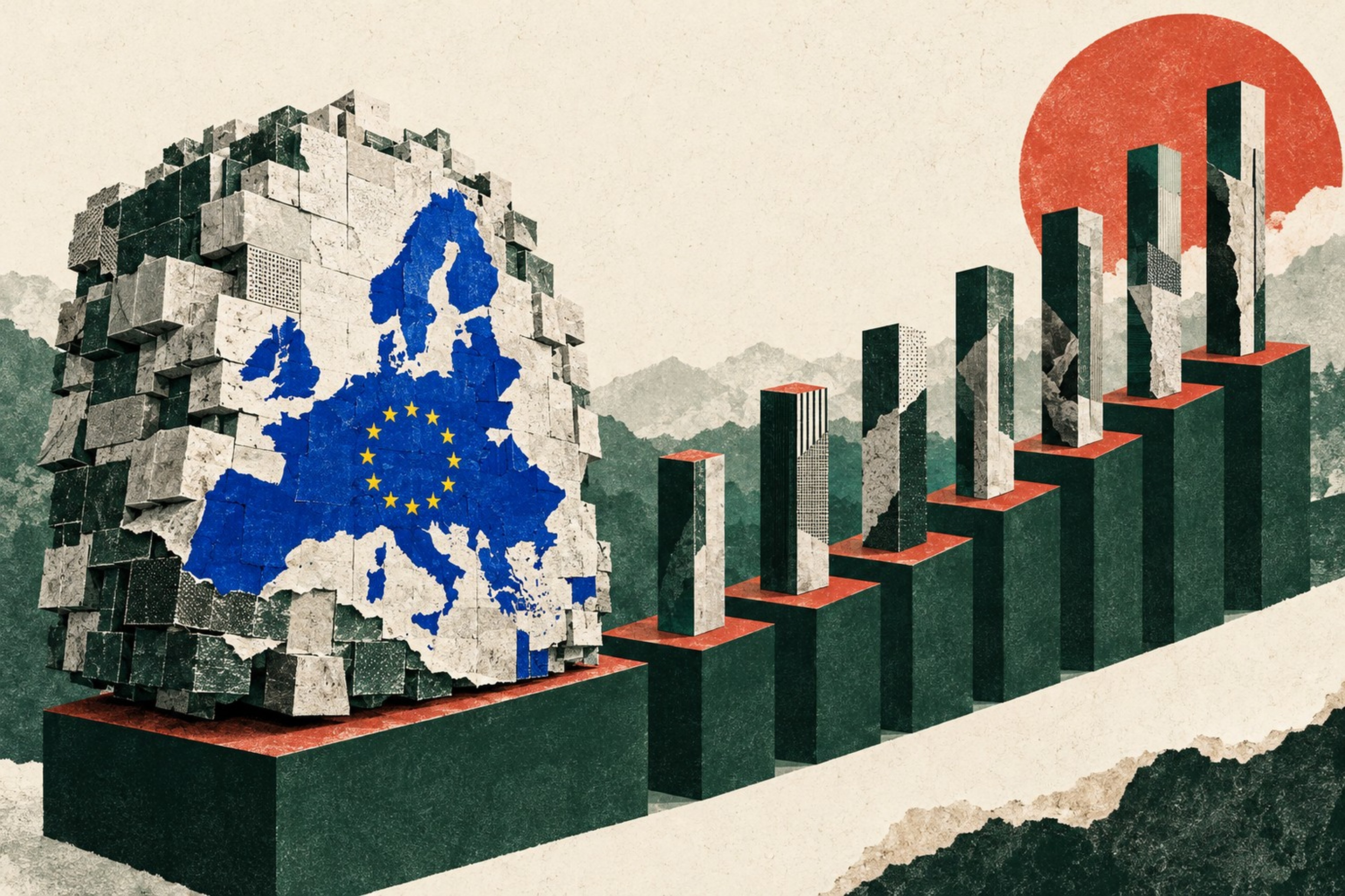 Collage: En enorm blokkbygget Europa-figur med EU-stjerner står nederst på en trapp, mens sju slankere søyler stiger foran den mot en rød sol.
