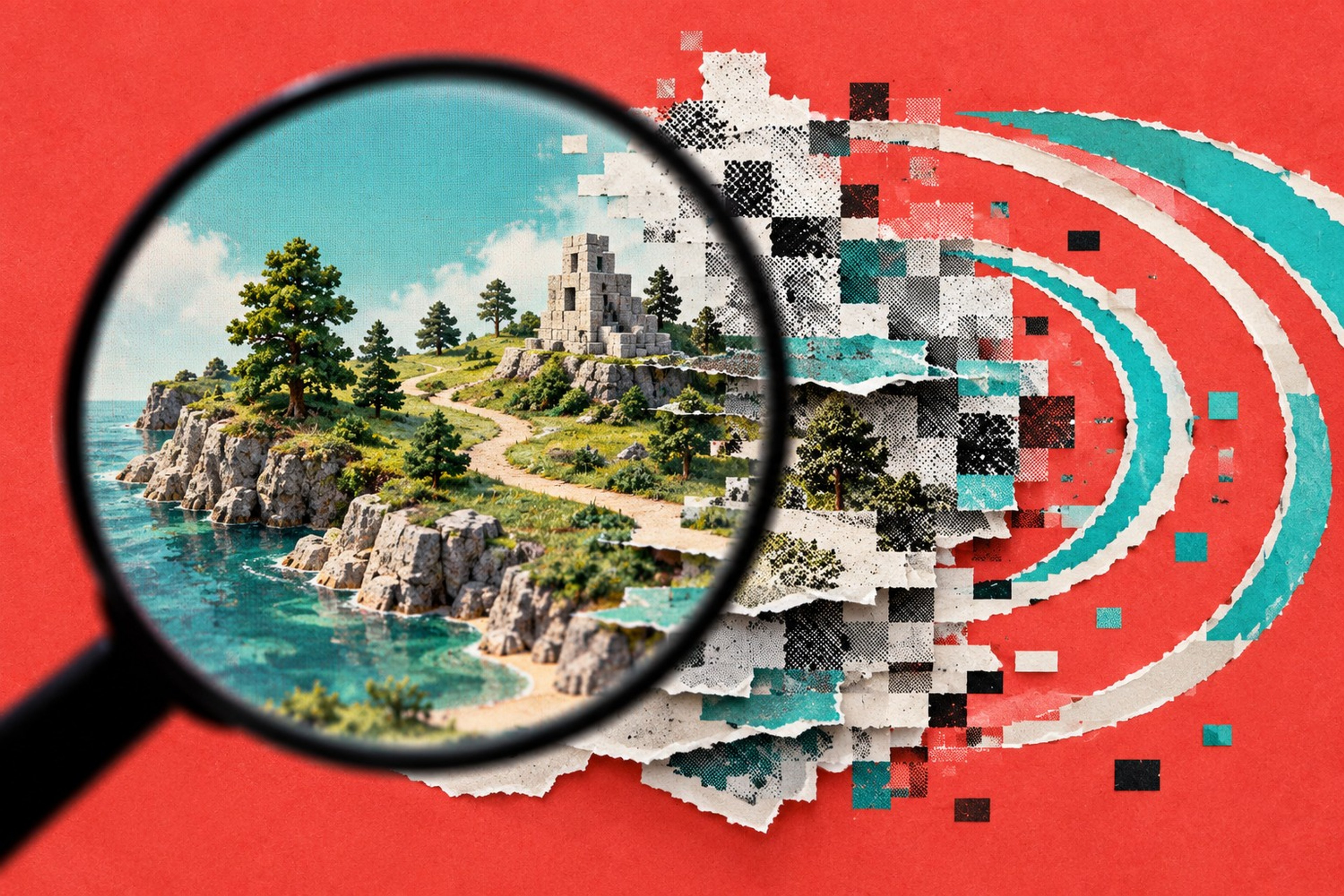 Collage: Et kystlandskap holdes skarpt under et forstørrelsesglass, mens verdenen løses opp i revet papir, rasterfragmenter og turkise lydbølger mot en korallrød bakgrunn.