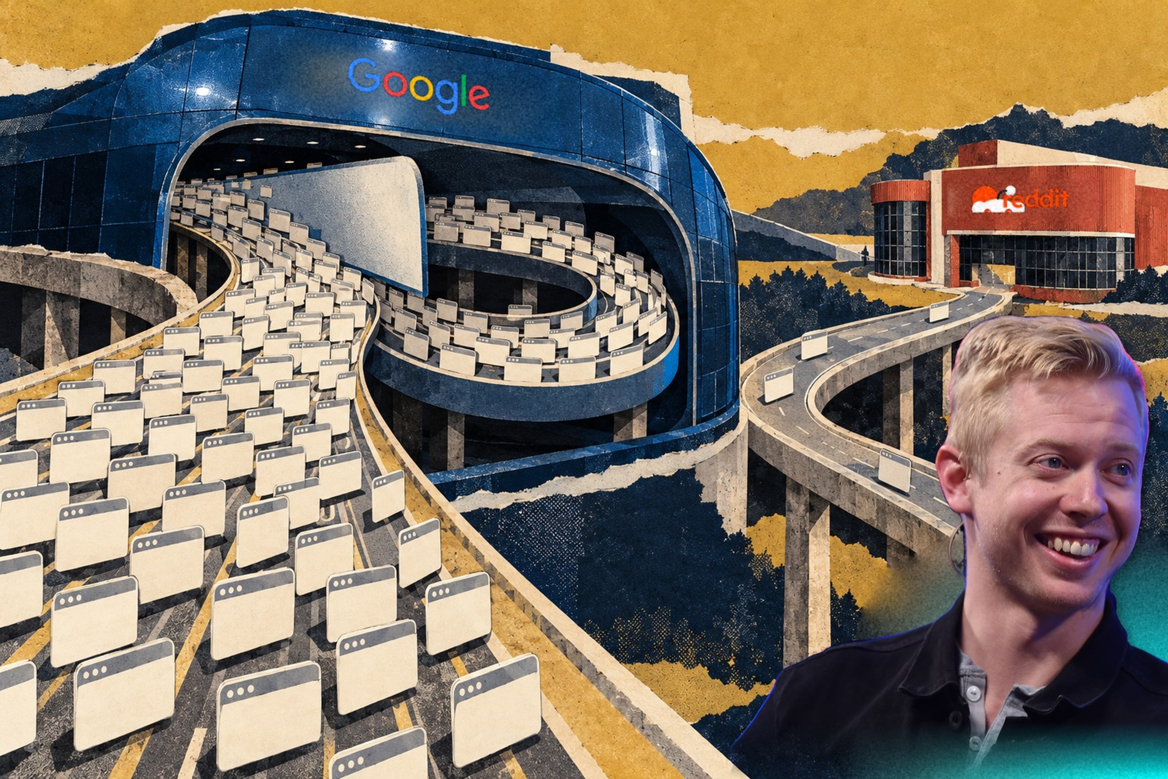Collage med nettleservinduer i en tett veisløyfe gjennom en blå konstruksjon med Google-logo, noen få vinduer på veien mot en rød bygning med Reddit-logo og Steve Huffman som fotoutklipp i forgrunnen.