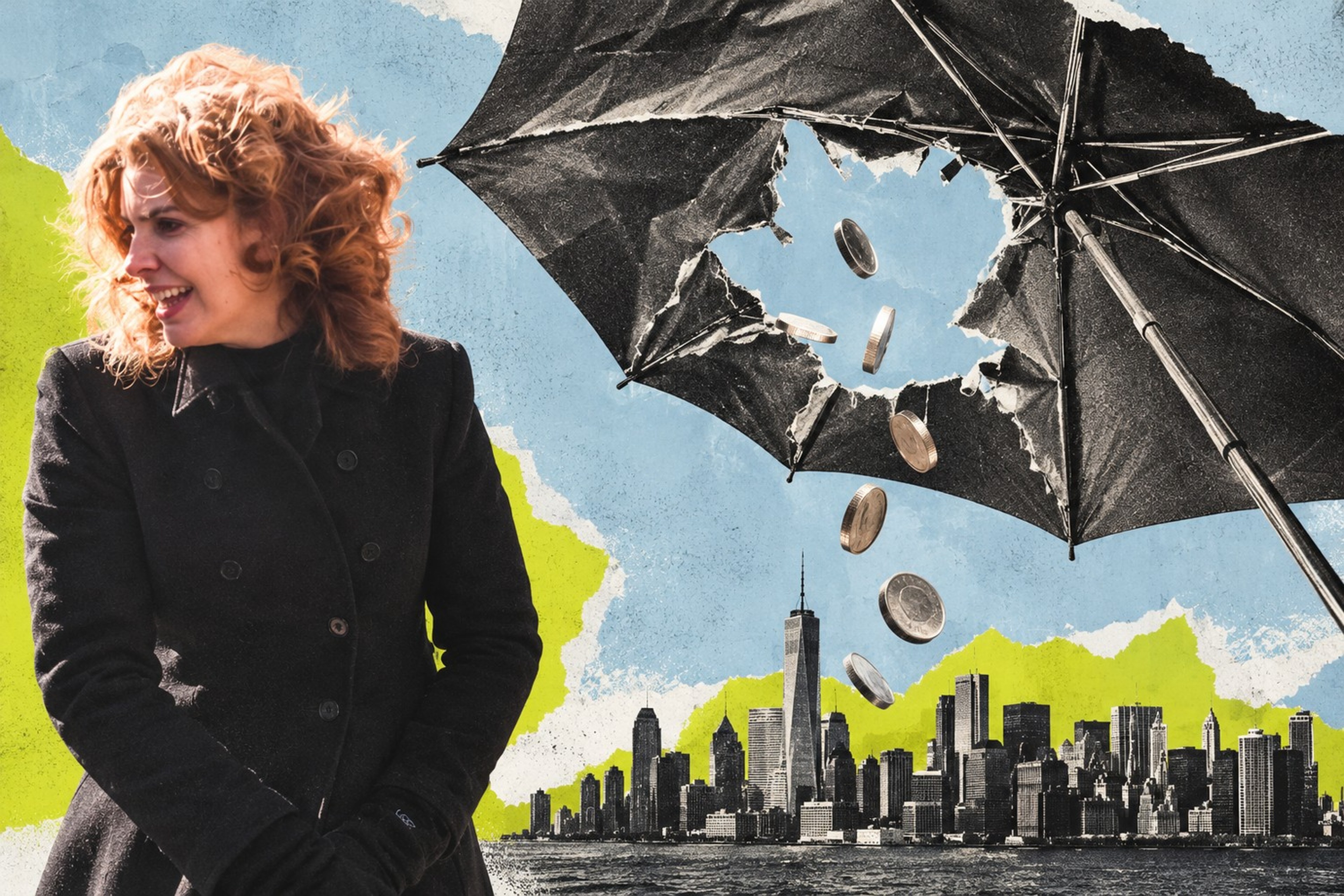 Collage: Julie Menin står ved siden av en revnet, vrengt paraply der mynter faller gjennom et stort hull mot New Yorks skyline.