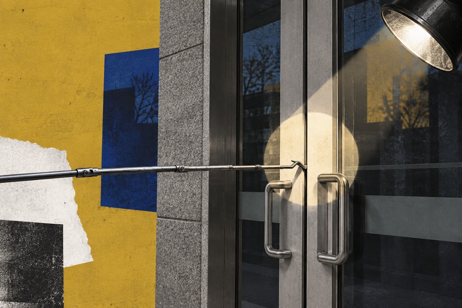 Collage: En lang metallisk sonde prøver seg inn mellom lukkede glassdører mens en kraftig inspeksjonslampe avslører forsøket.