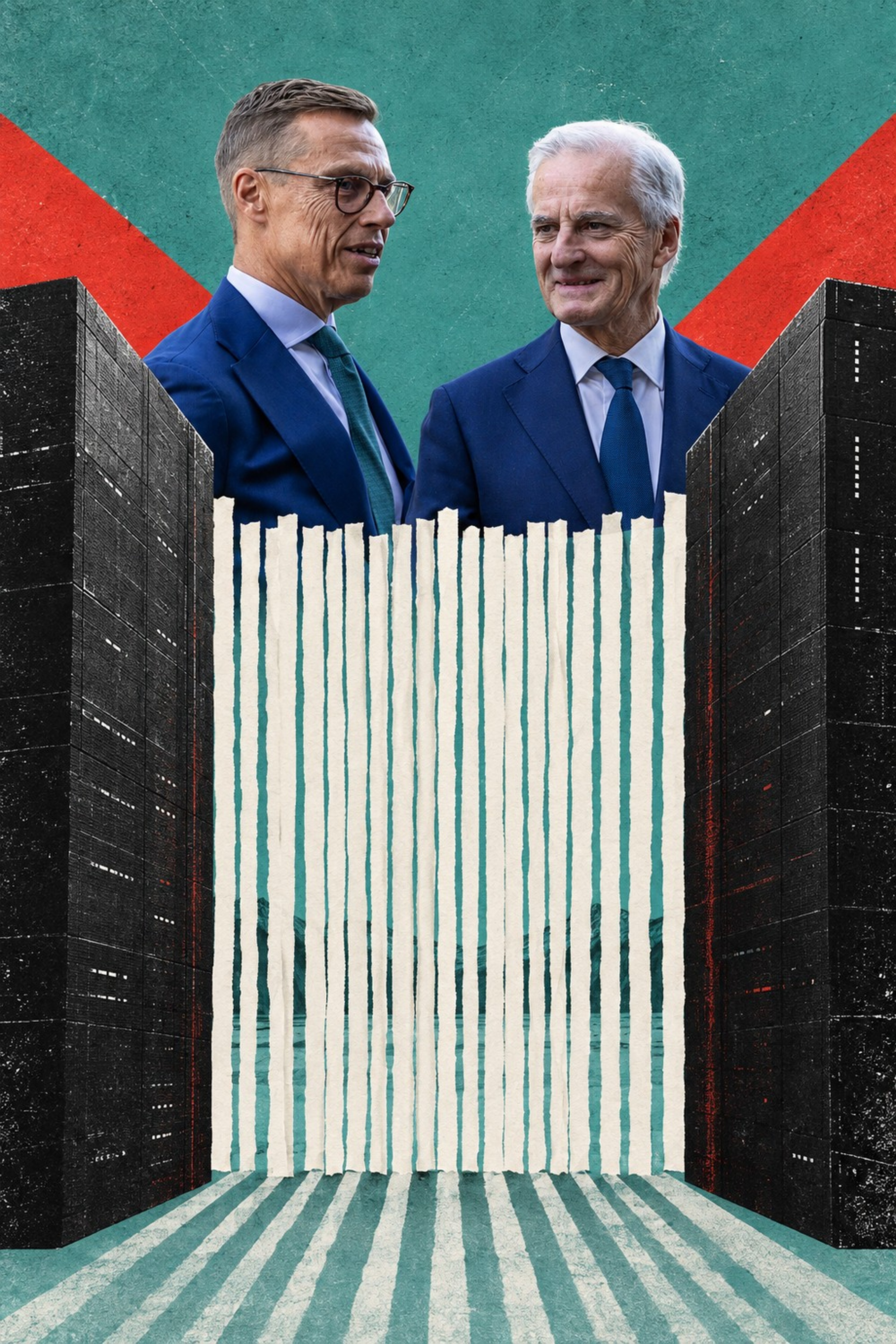 Collage: Alexander Stubb og Jonas Gahr Støre står over en skjør port av smale papirremser, presset mellom to massive, mørke serverblokker.