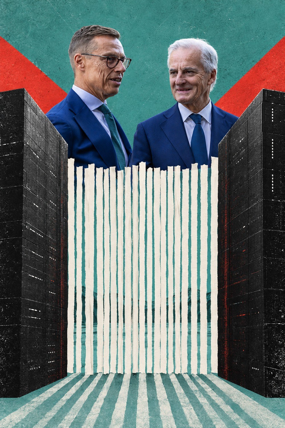Collage: Alexander Stubb og Jonas Gahr Støre står over en skjør port av smale papirremser, presset mellom to massive, mørke serverblokker.