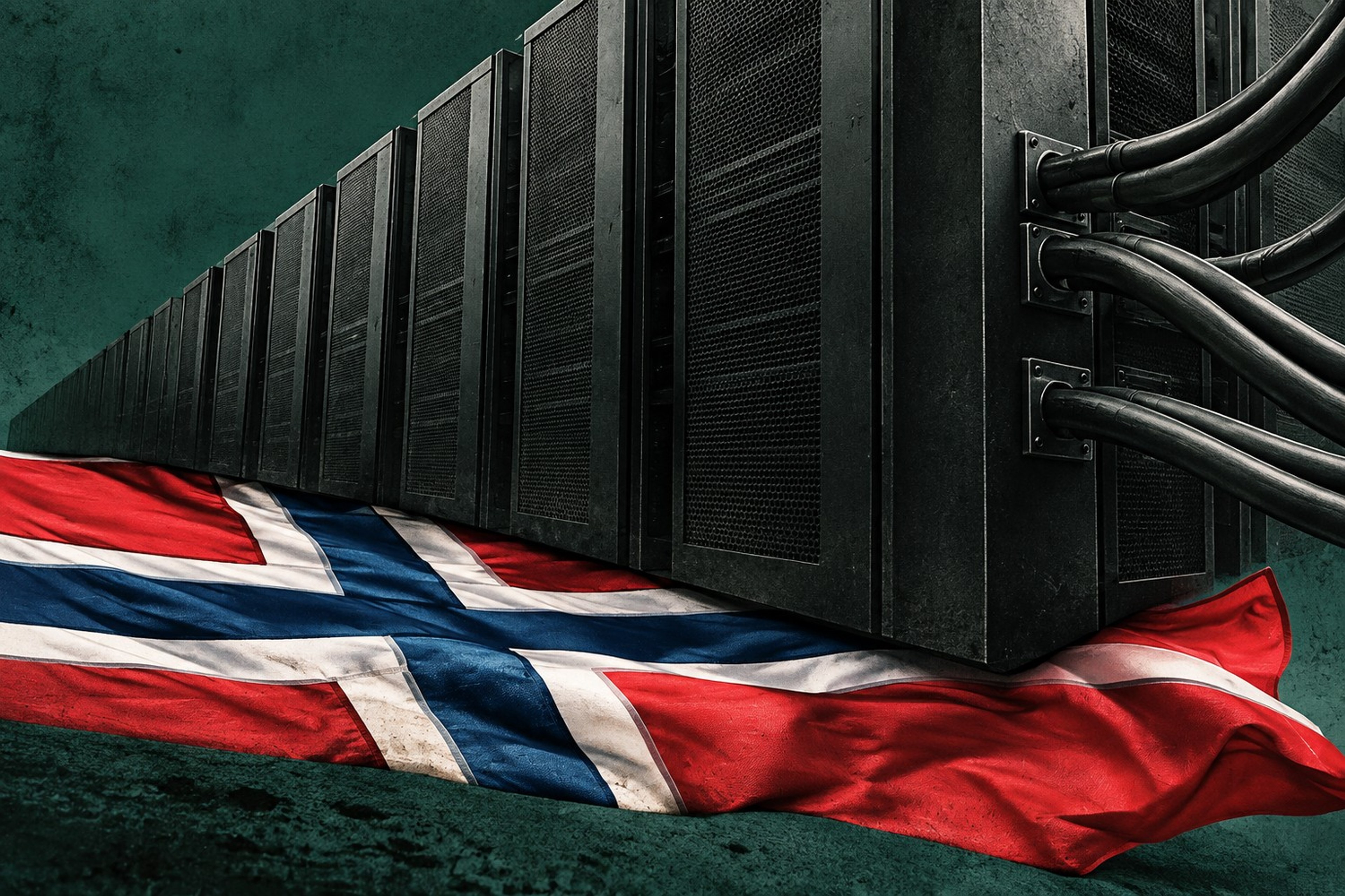 Collage: En massiv vegg av mørke serverrack presser et norsk flagg mot bakken, mens tykke kabler forsvinner ut av bildekanten.