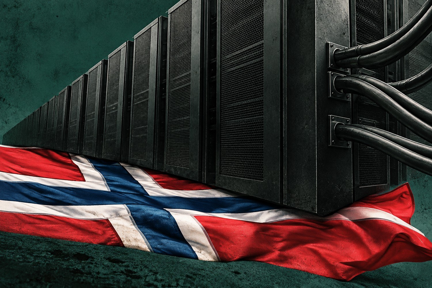 Collage: En massiv vegg av mørke serverrack presser et norsk flagg mot bakken, mens tykke kabler forsvinner ut av bildekanten.