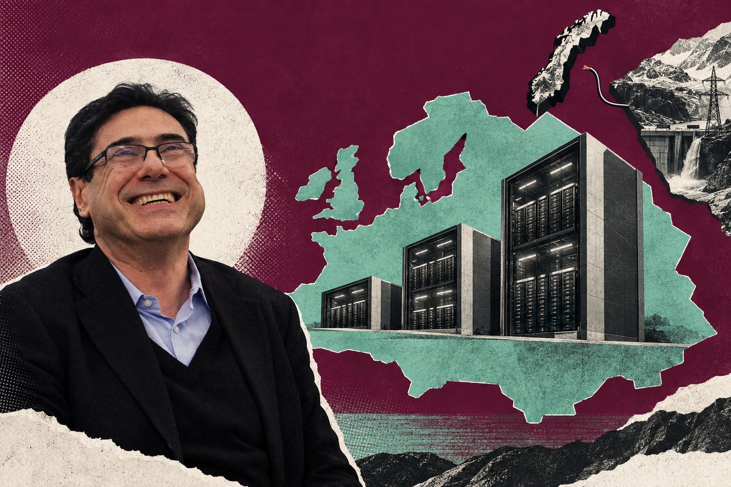 Collage: Philippe Aghion står foran en collage der tre stadig større datasentre reiser seg over et grønt Europakart, mens Norge med vannkraft og en avbrutt kabel er skilt ut på siden.