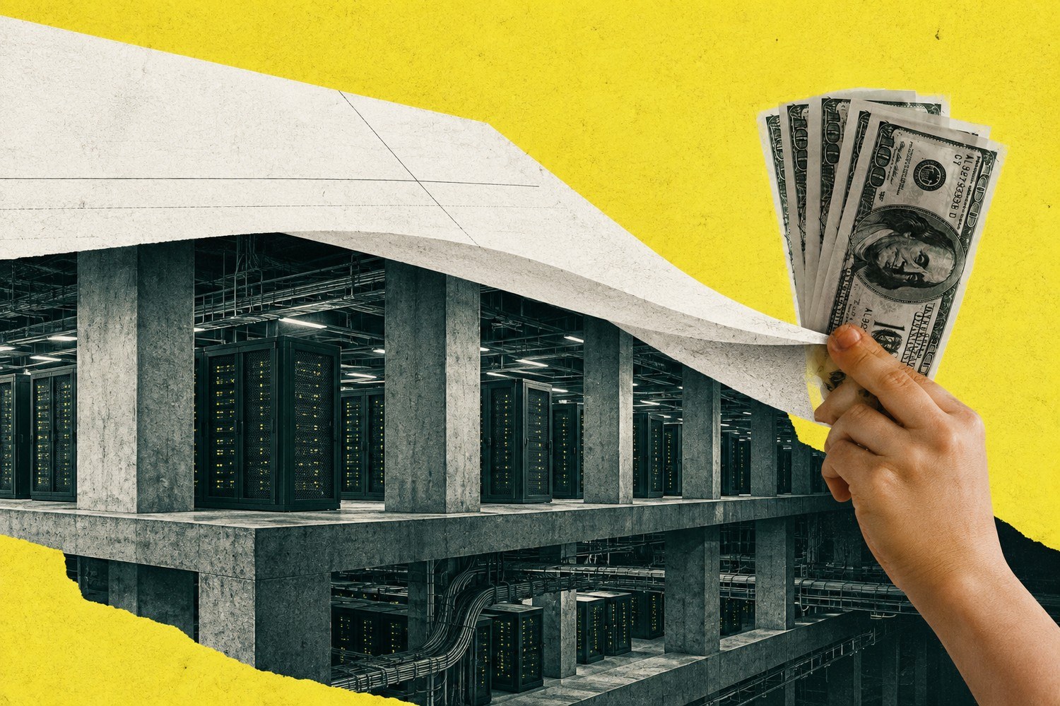 Collage: En hånd med dollarsedler løfter et tynt, hvitt papirark og avdekker en massiv datasenterkonstruksjon skjult under overflaten.