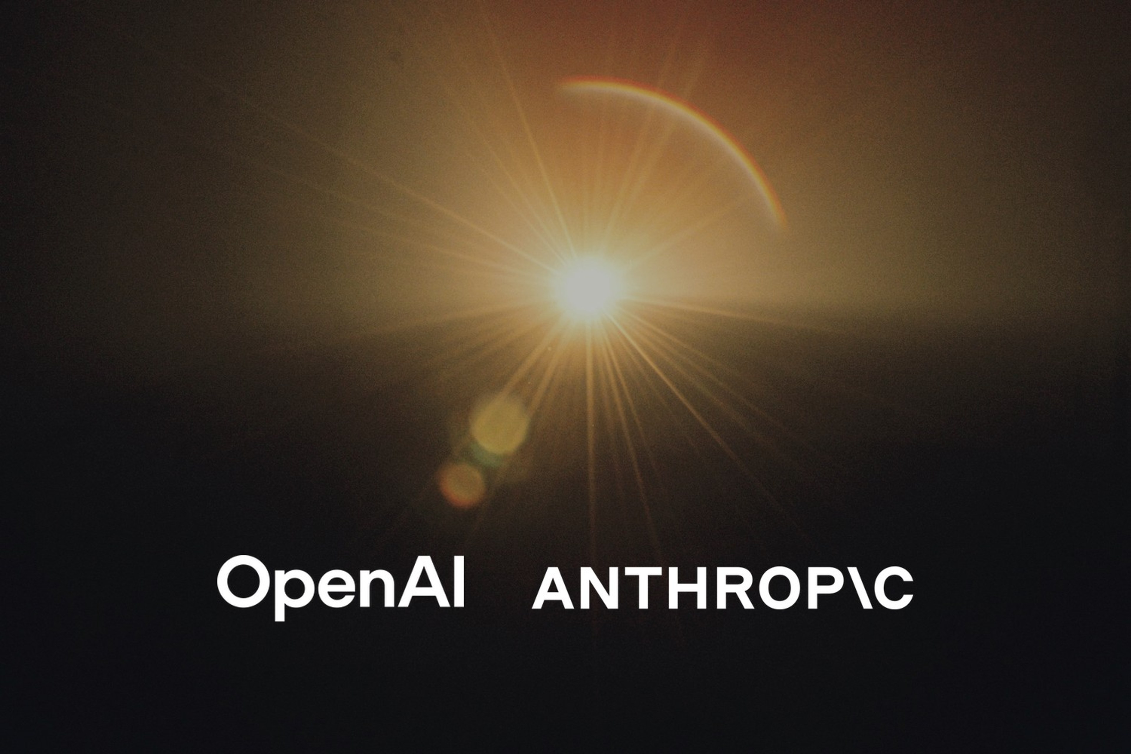 Sterk sol med linserefleks over en mørk horisont. Med logoene til OpenAI og Anthropic lagt på.