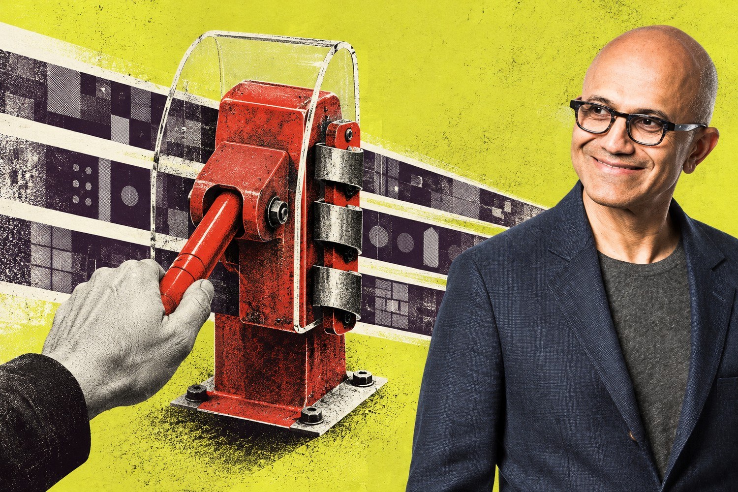Collage: Satya Nadella står ved siden av en anonym hånd som trekker i en stor rød nødbrems foran tre parallelle remser med abstrakte digitale moduler.