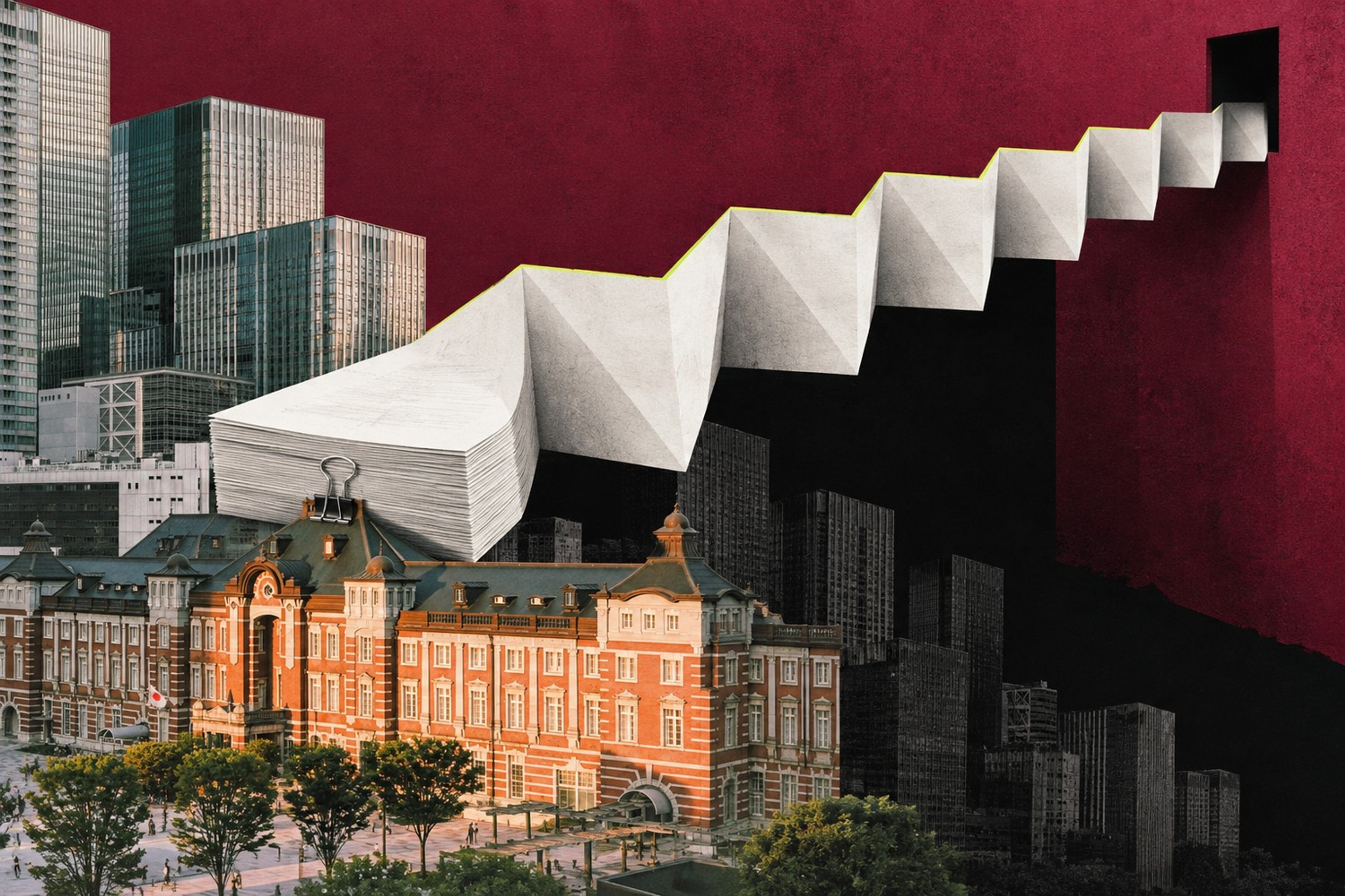 Collage: Tokyo Station ligger under en tykk bunke papir som folder seg som en stadig smalere gjeldsbro over et svart tomrom og inn i en mørk åpning.
