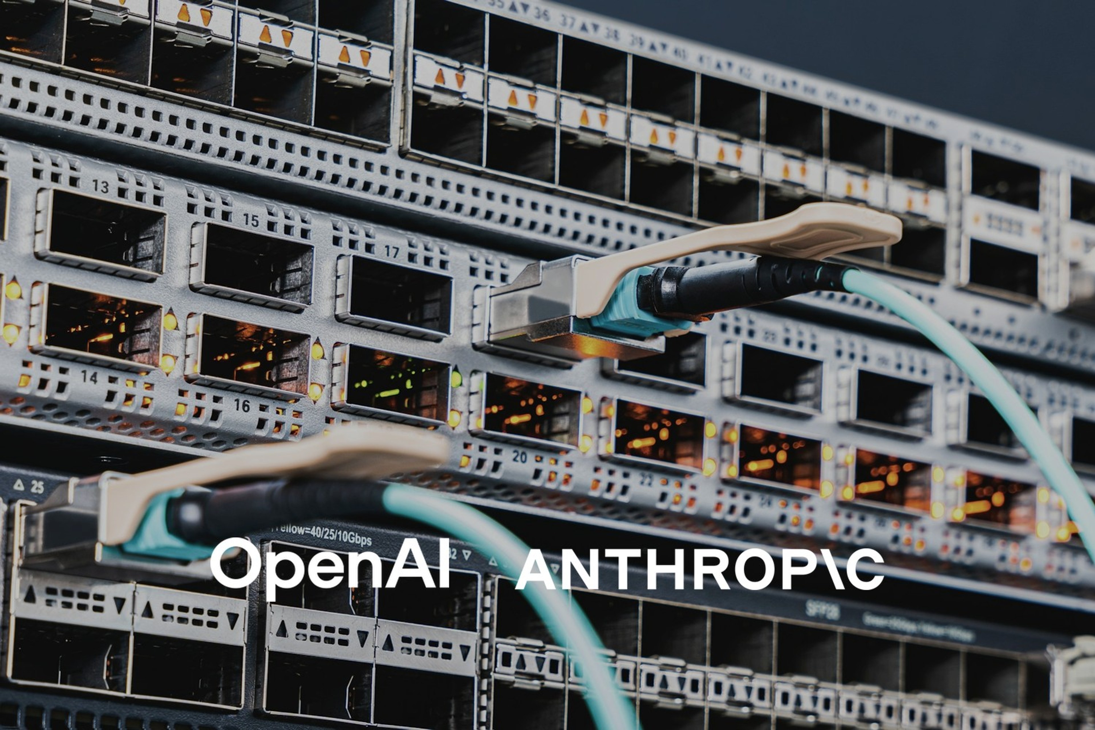 Nettverkskabler koblet til serverutstyr med lysende indikatorer. Med logoene til OpenAI og Anthropic lagt på.