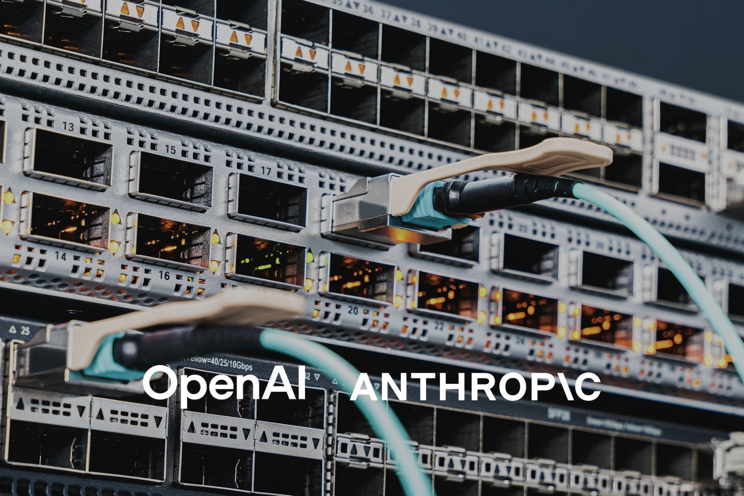 Nettverkskabler koblet til serverutstyr med lysende indikatorer. Med logoene til OpenAI og Anthropic lagt på.
