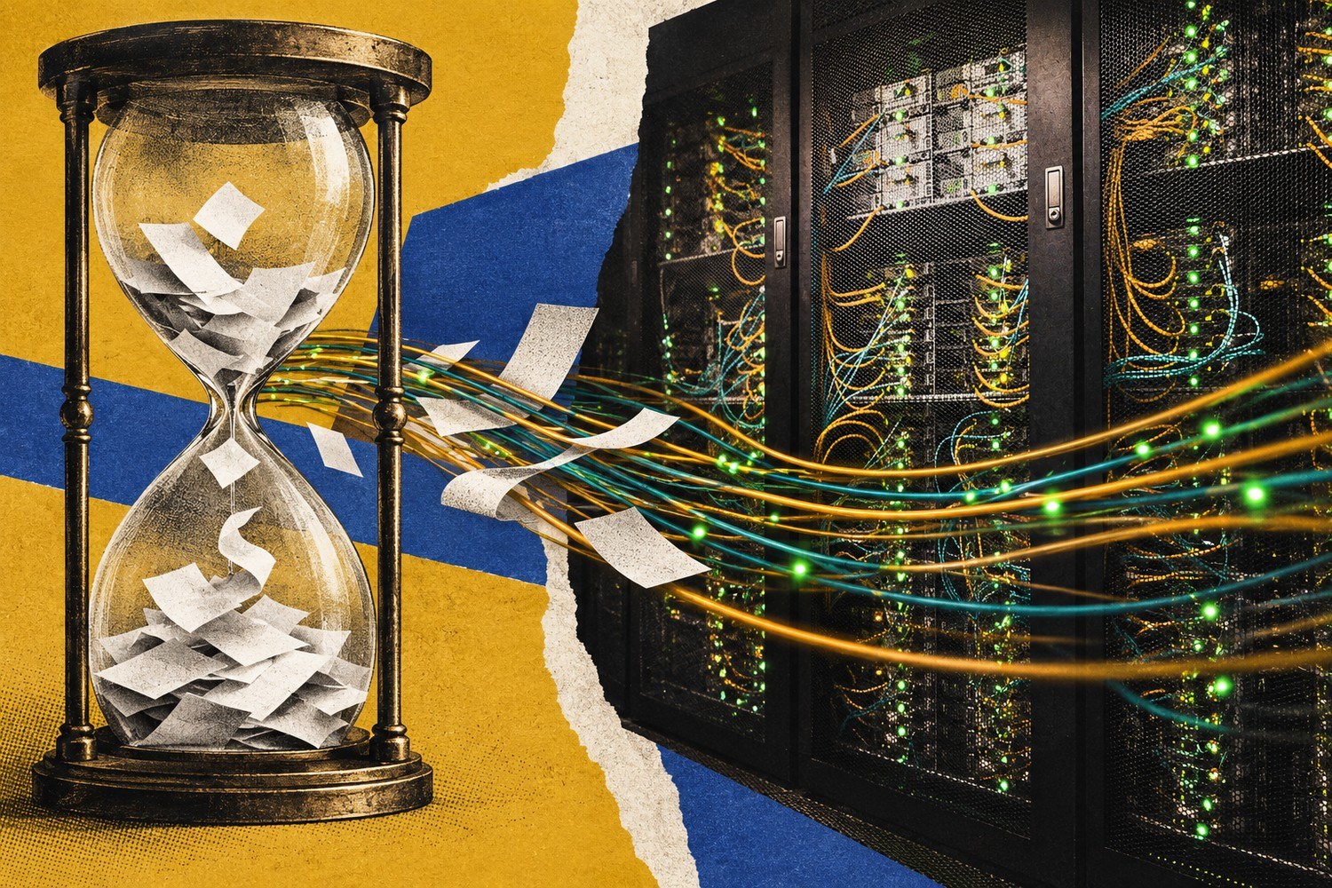 Collage: Et stort timeglass fylt med blanke papirark står ved siden av aktive serverrack, mens lysende kabler strømmer raskt forbi.