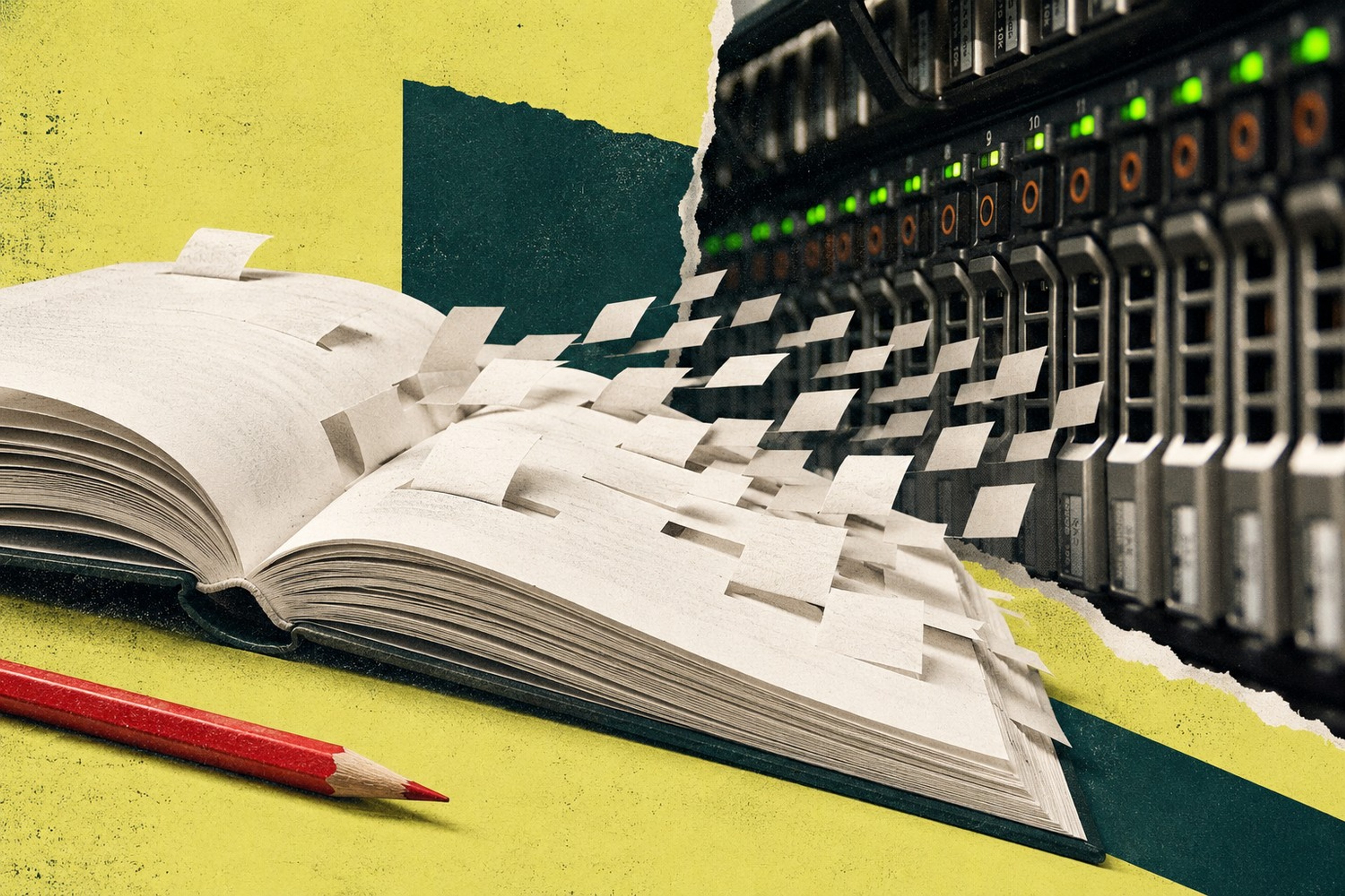 Collage: En åpen, tekstløs bok mister små papirbiter mot en serverrekke, mens en ubrukt rød korrekturblyant ligger ved siden av.