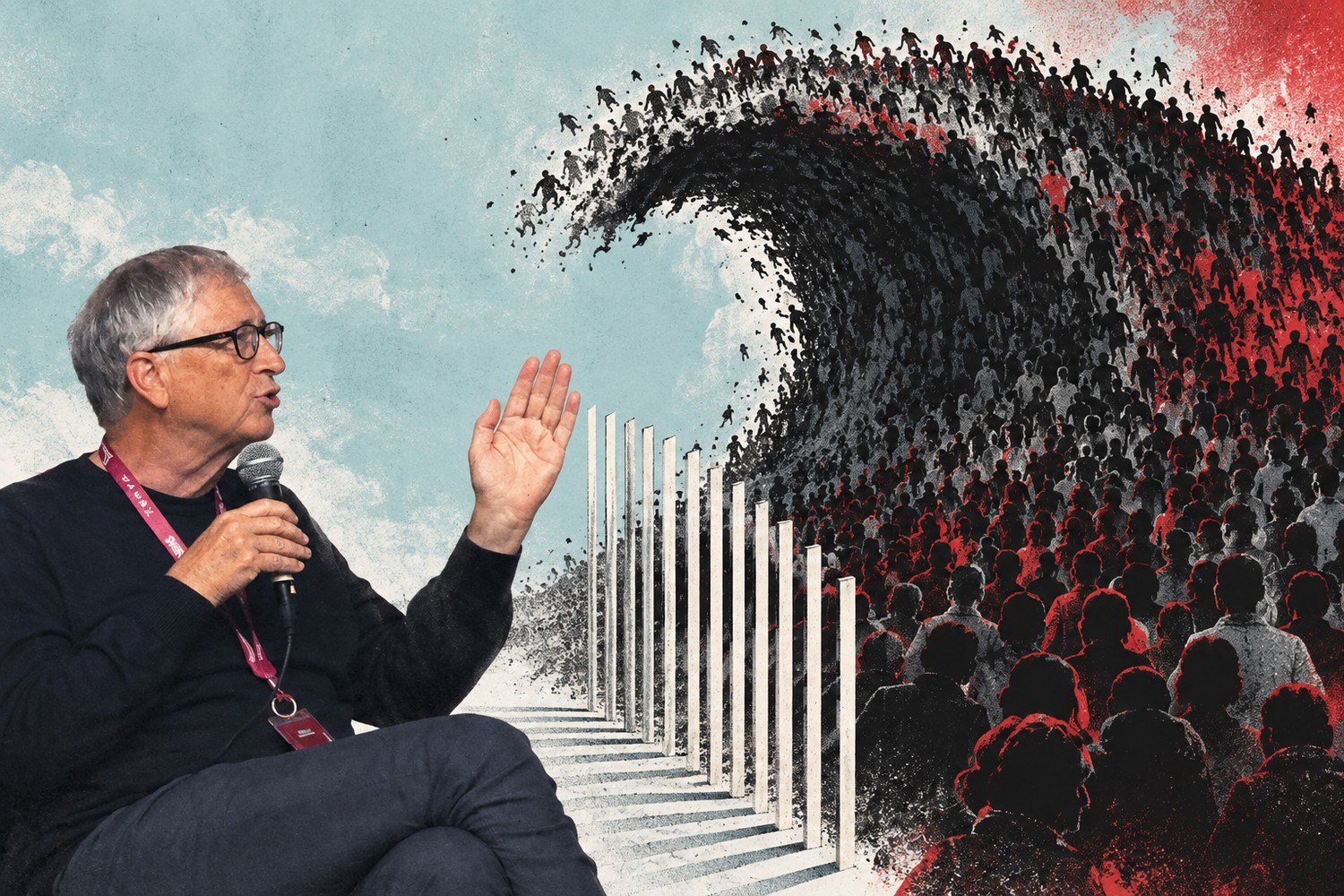 Collage: Bill Gates holder opp hånden mot en enorm svart og rød bølge av menneskesilhuetter som presser mot en tynn, papirhvit sikkerhetsbarriere.
