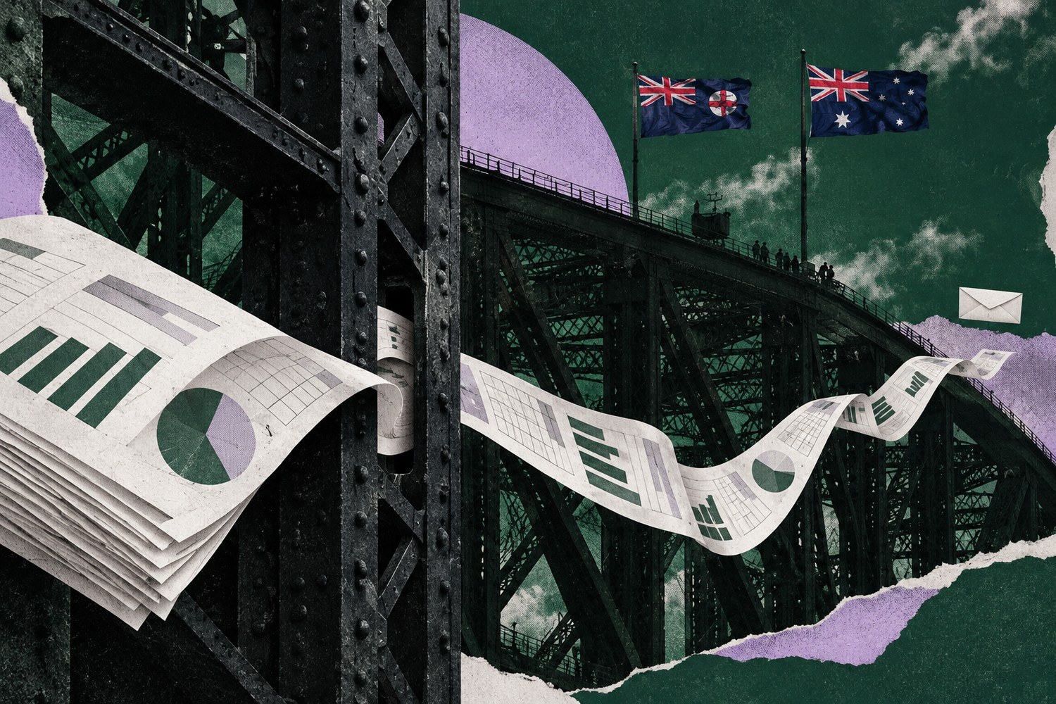 Collage: En remse med statistikksider bukter seg gjennom stålgitteret på Sydney Harbour Bridge, mens en lukket konvolutt henger forsinket i bakgrunnen under australske flagg.